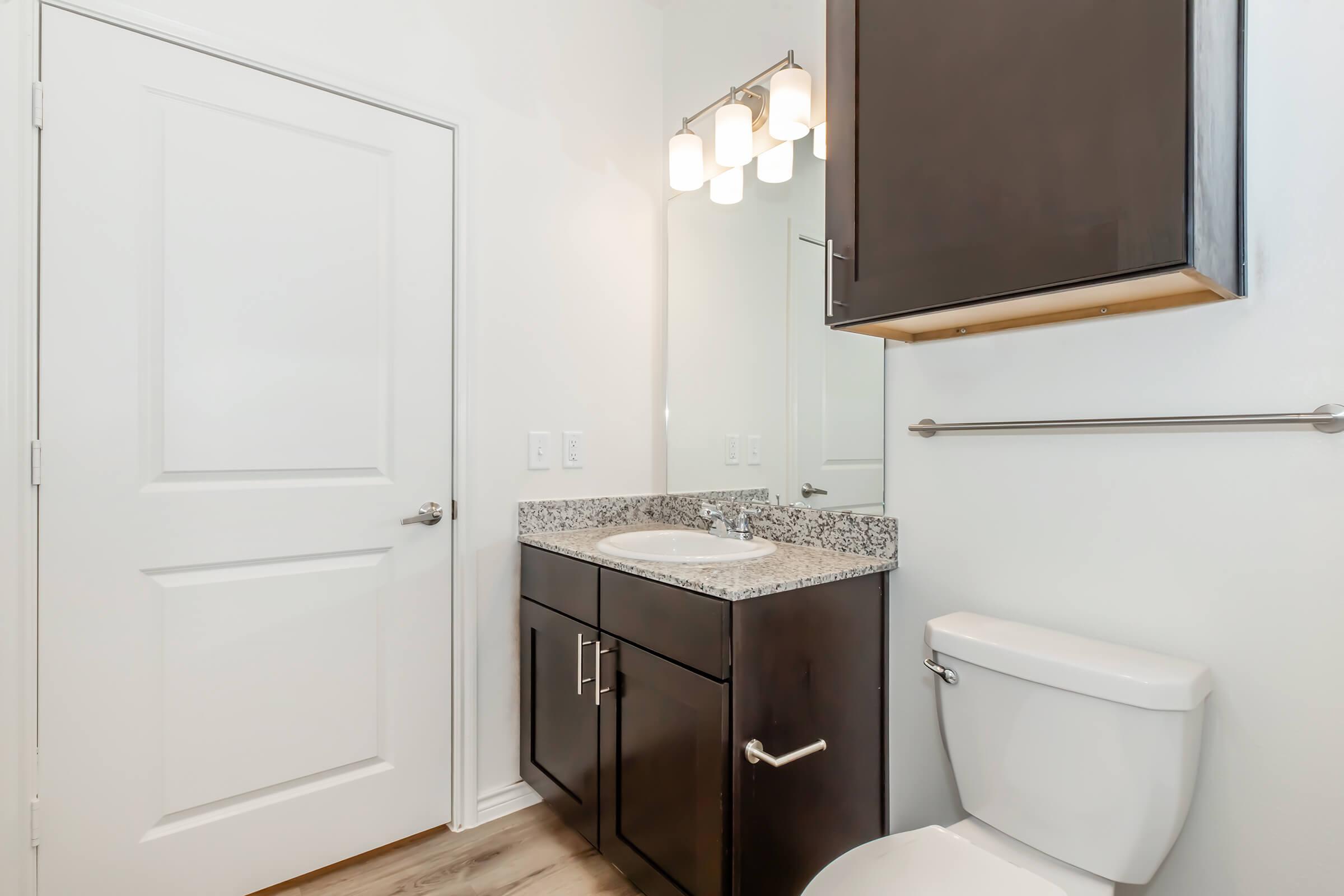 Modern bathroom featuring a dark wood vanity with a granite countertop and a basin sink, a white toilet, a wall-mounted mirror, and contemporary lighting fixtures. The walls are painted white, and the floor is finished with light wood. A door is visible to the left.