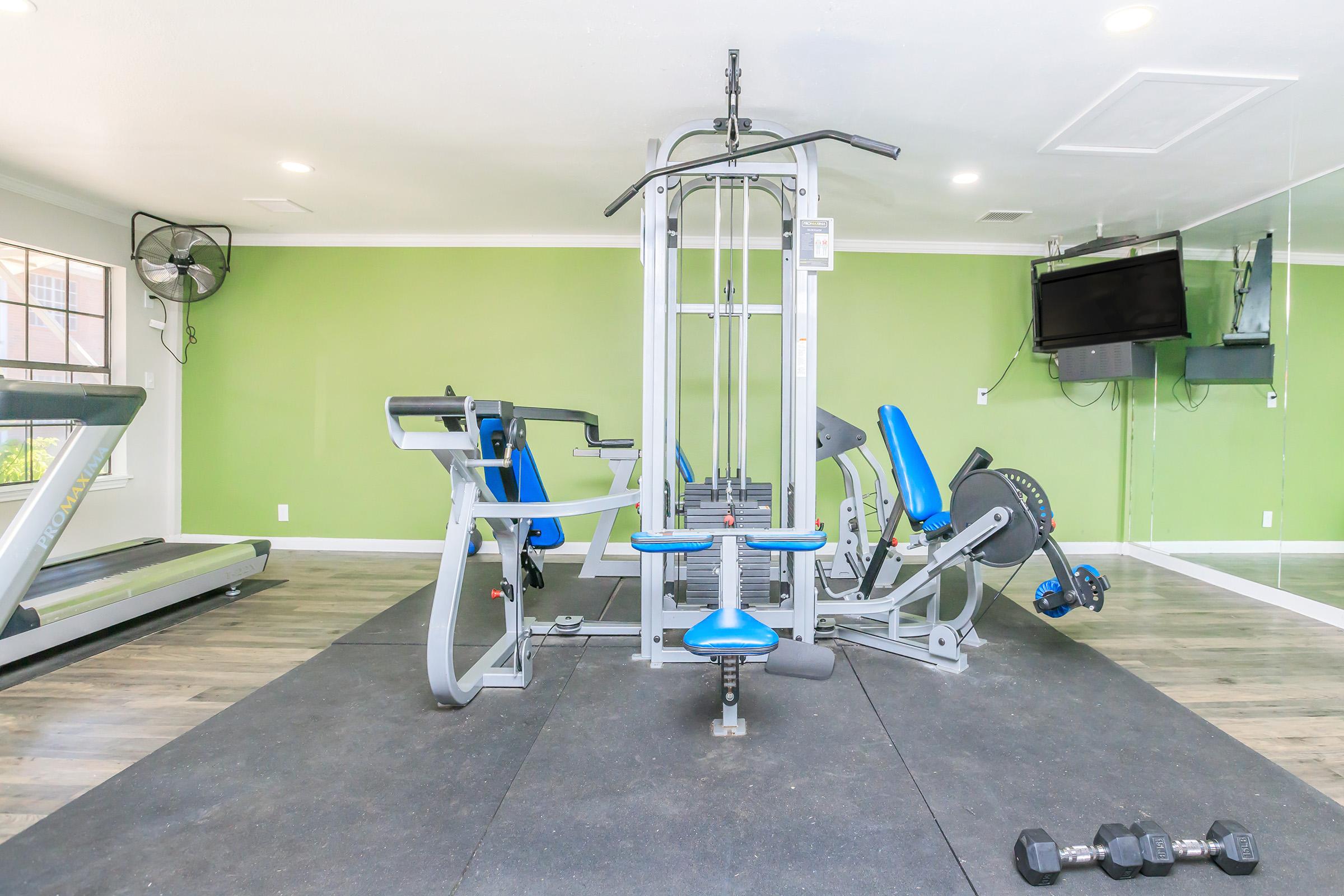 A modern gym interior featuring exercise equipment, including a multi-gym machine, a stationary bike, a treadmill, and free weights. The walls are painted green, enhancing the bright and spacious atmosphere. Large windows allow natural light, and there’s a wall-mounted TV for entertainment.