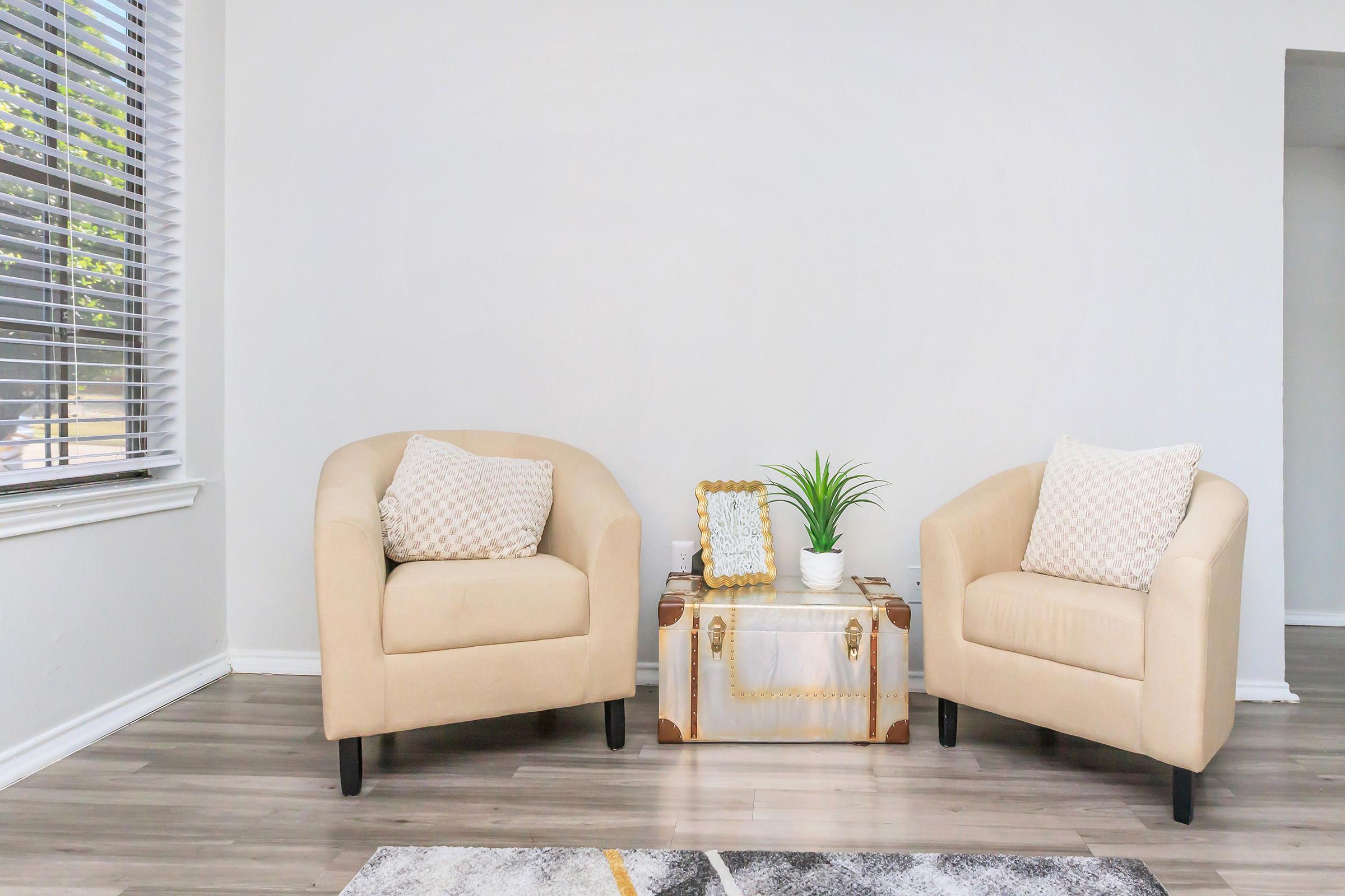 Two cozy beige armchairs positioned across from each other on a light wooden floor. Between them is a decorative table with a small green plant and a framed photo on top. A patterned area rug lies beneath. The wall is white, with natural light coming through the window.