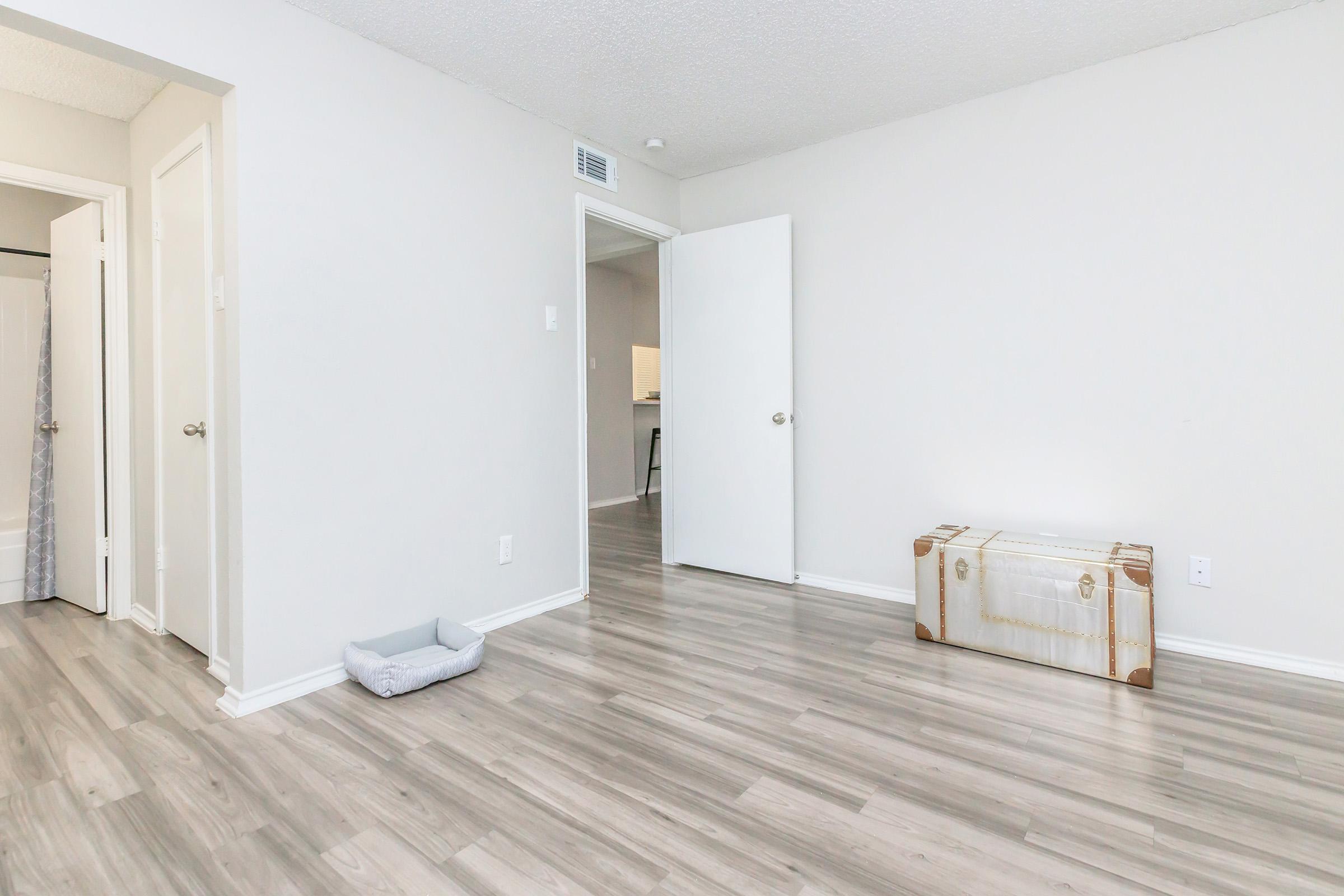 A lightly furnished room with light gray walls and new laminate flooring. There is a closed door on the left, an open door leading to another area, and a decorative trunk in the center. A small pet bed is positioned on the floor. The space appears clean and minimalistic, with ample natural light.
