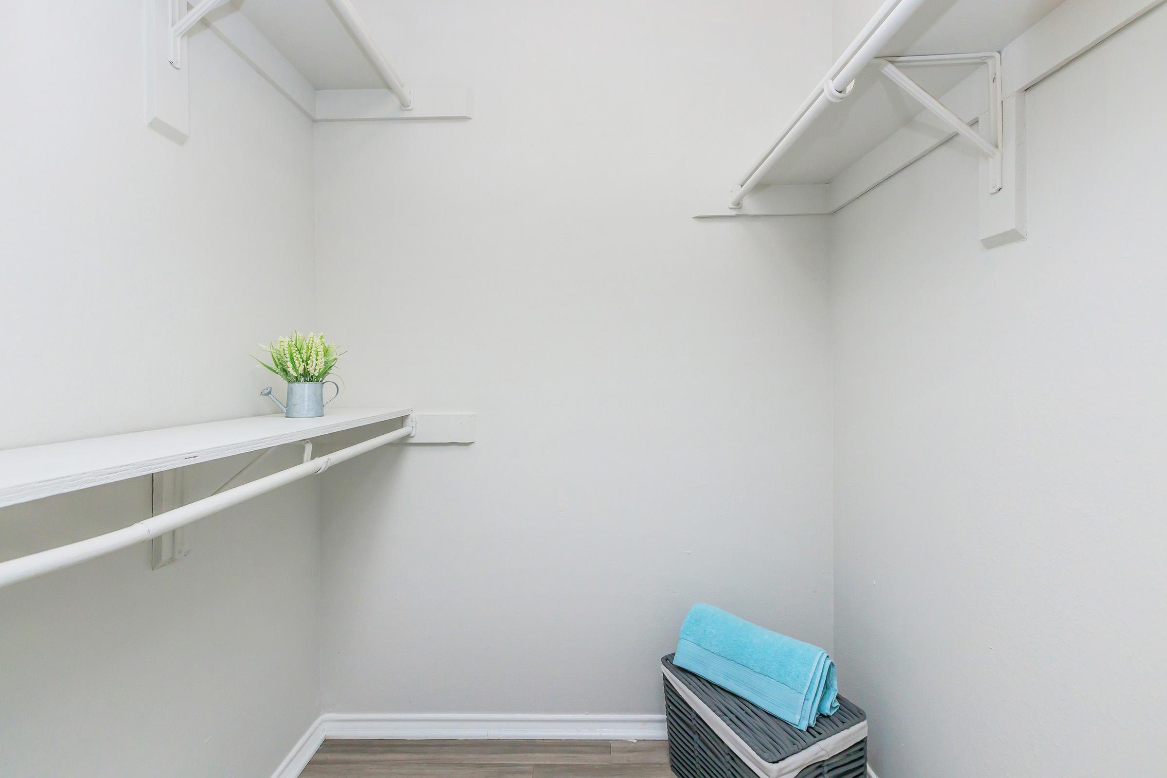 An empty closet with white walls and wooden flooring. Two shelves are mounted on the walls, and a small potted plant sits on the top shelf. A gray laundry basket with a blue towel resting on top is located on the floor. The space is bright and tidy, suggesting organization.
