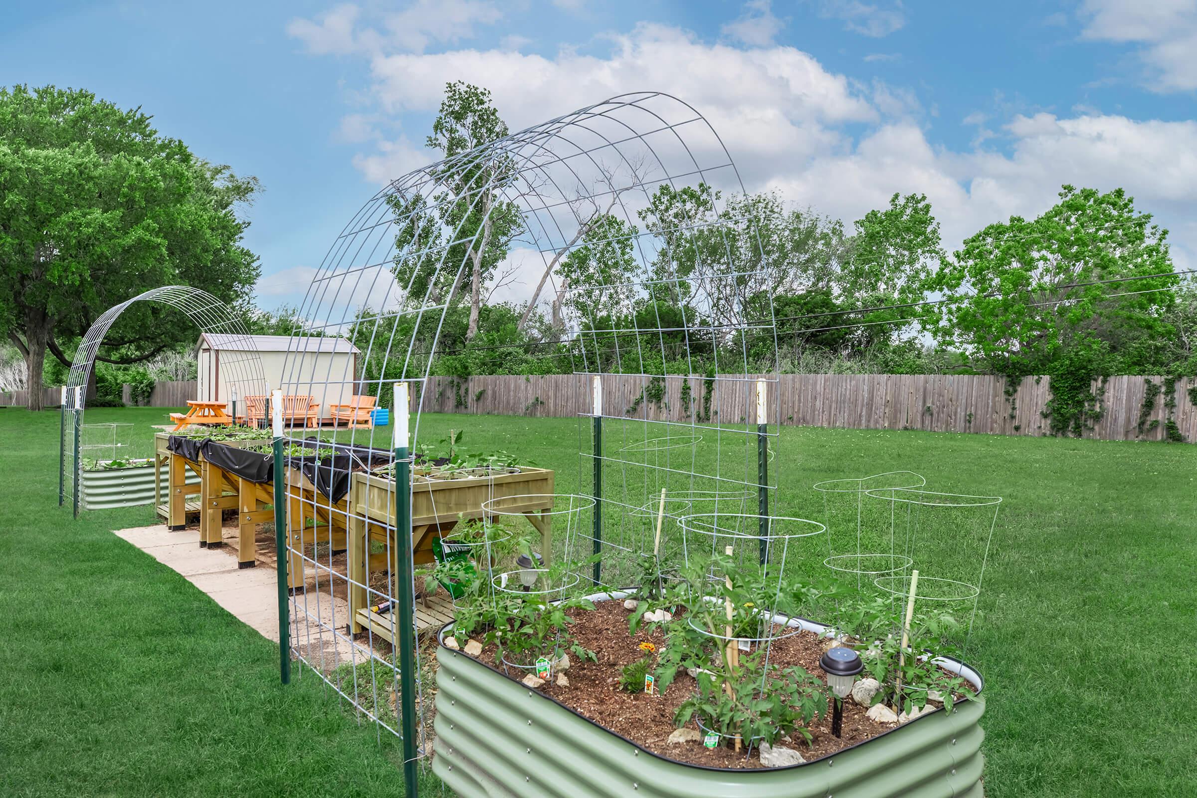 A spacious outdoor garden featuring raised metal beds filled with plants, including tomatoes, surrounded by wire trellises. There are wooden planters on a raised deck nearby, with green grass and trees in the background under a partly cloudy sky.