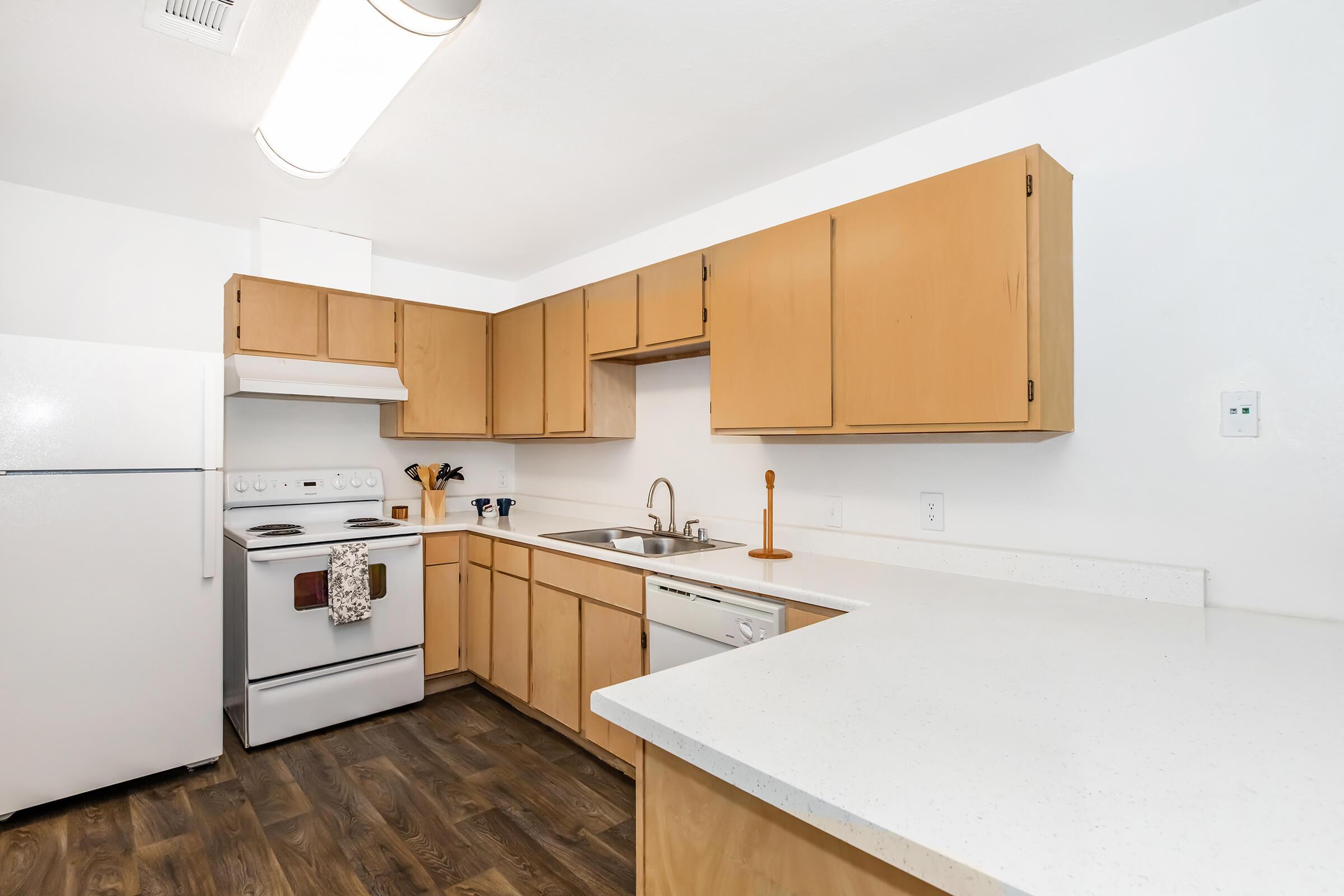 Modern kitchenette featuring light wood cabinets, a white countertop, a stainless steel sink, and an electric stove. The space includes a refrigerator and dishwasher, with natural light illuminating the area. The floor is made of dark wood laminate, creating a warm contrast with the cabinetry.