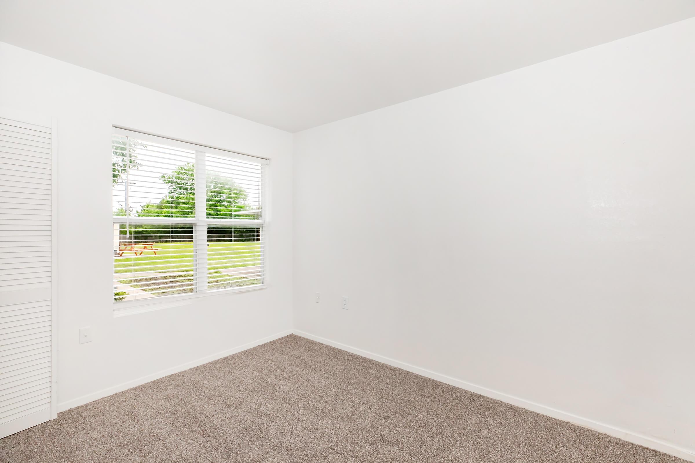 Empty room with light-colored walls and carpet. A window with white blinds allows natural light to enter, revealing a view of greenery outside. The room appears freshly painted and tidy, with minimal furnishings, creating a spacious and inviting atmosphere.