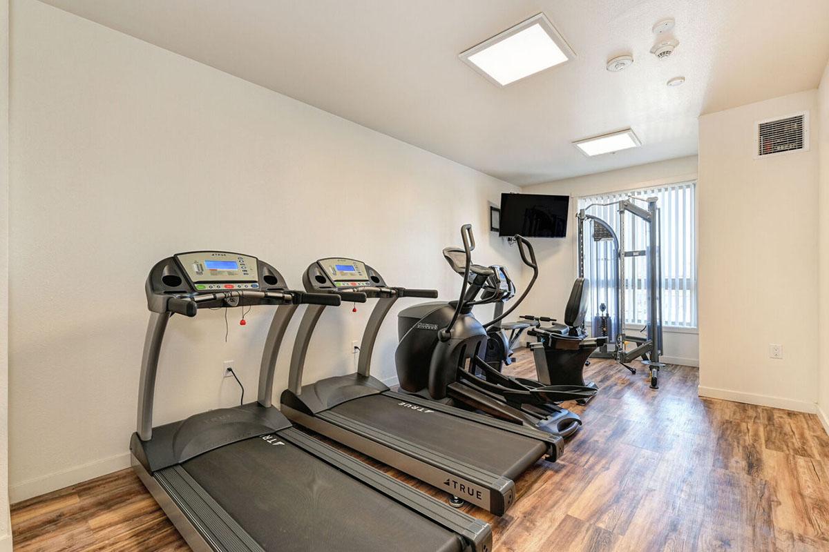 A well-lit gym area featuring two treadmills, an elliptical machine, and a multi-use strength training machine.