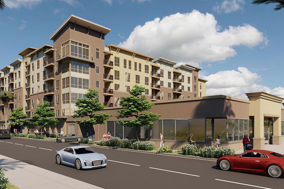 A modern multi-story residential building with large windows, surrounded by greenery. The street features parked cars, including a silver sports car and a red sports car.