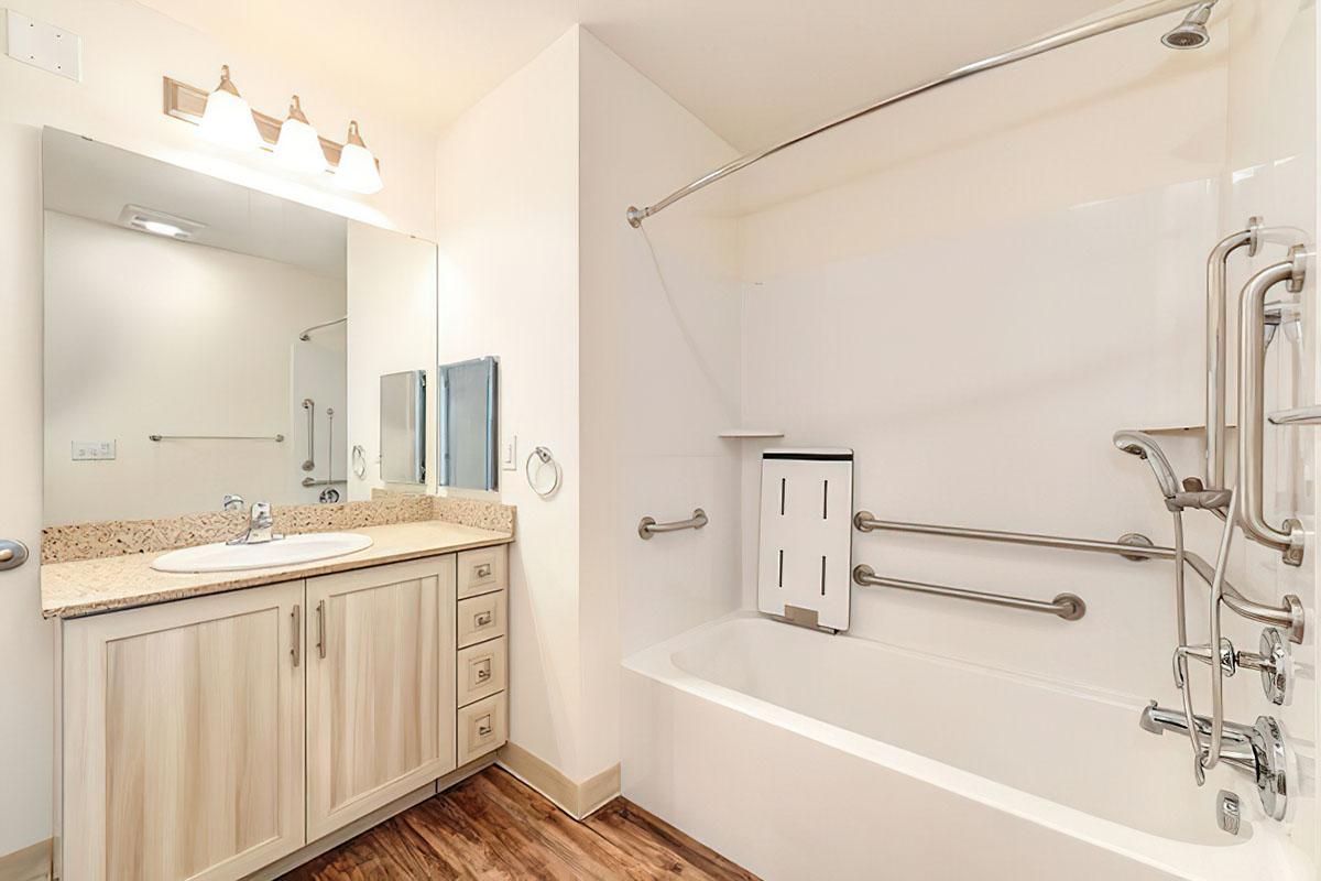 A modern bathroom featuring a bathtub with
