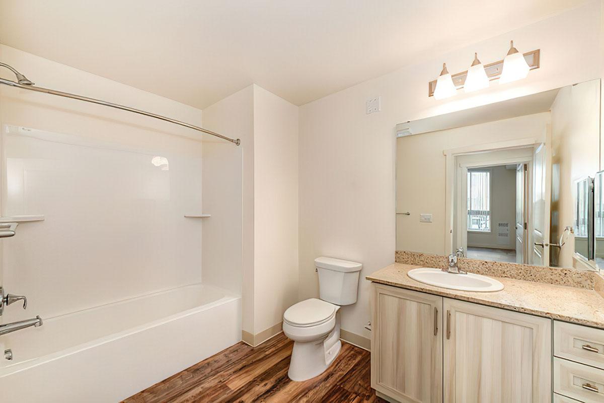A modern bathroom featuring a white bathtub with a glass shower curtain, a toilet, a sink with a granite countertop, and wooden flooring.