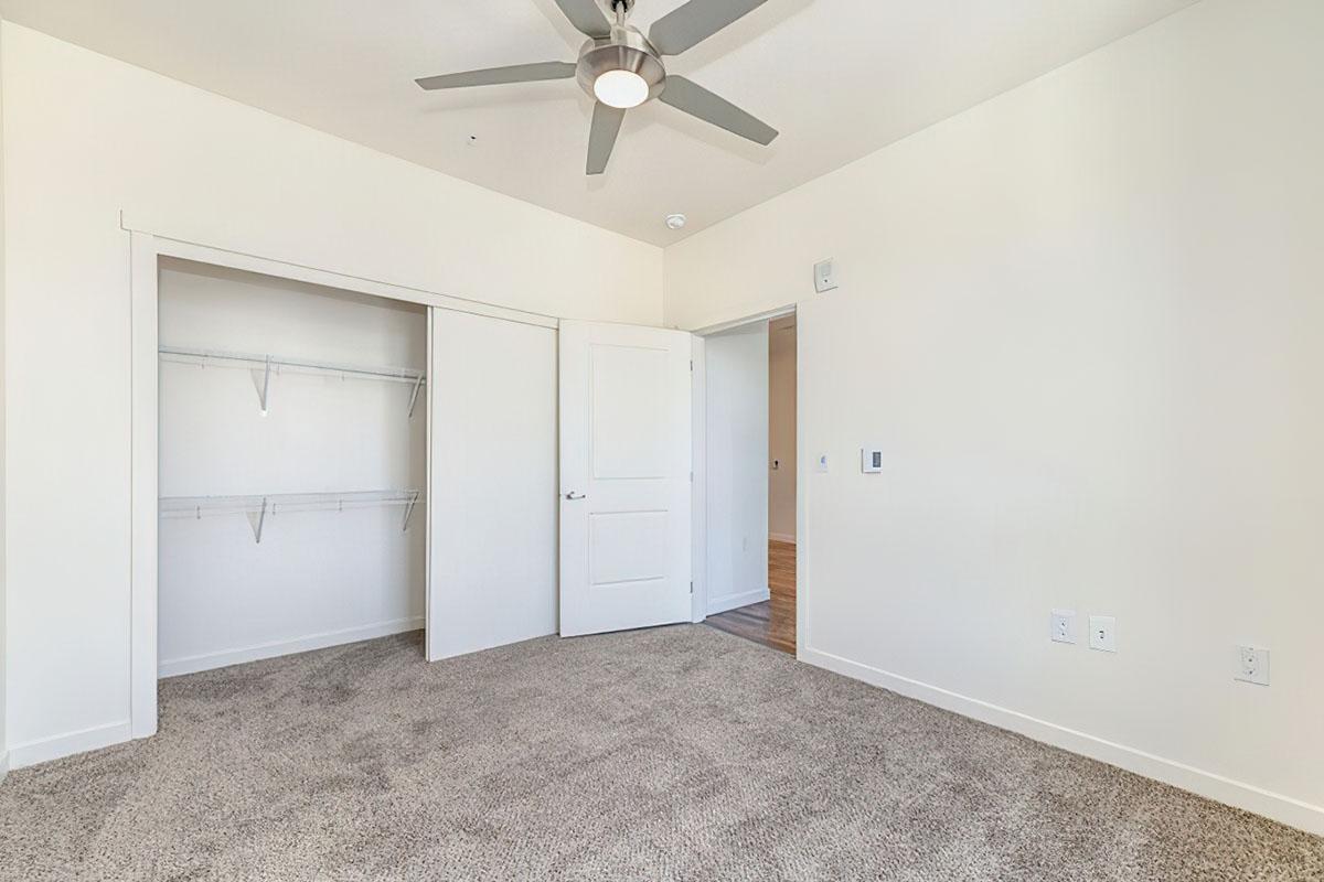 A well-lit bedroom featuring beige carpeting, a ceiling fan, and a closet with open doors.