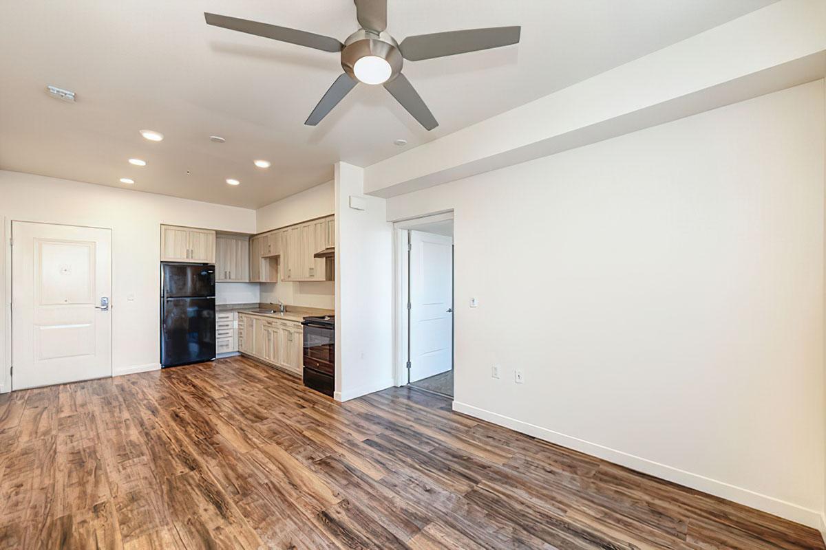 A spacious, modern room featuring a ceiling fan, light wood-style flooring, and an open kitchen with stainless steel appliances.