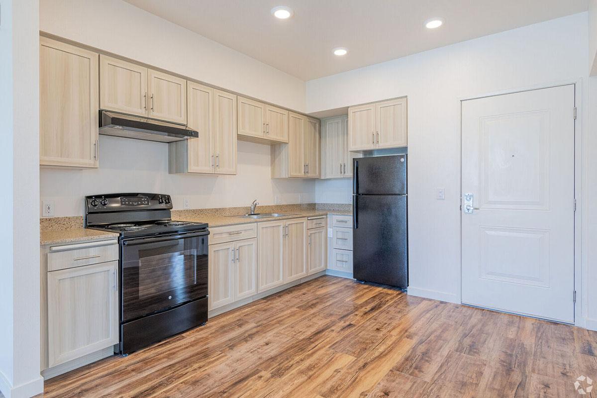 Modern kitchen featuring light wood cabinets, granite countertops, black refrigerator, and black oven with a stainless steel hood.