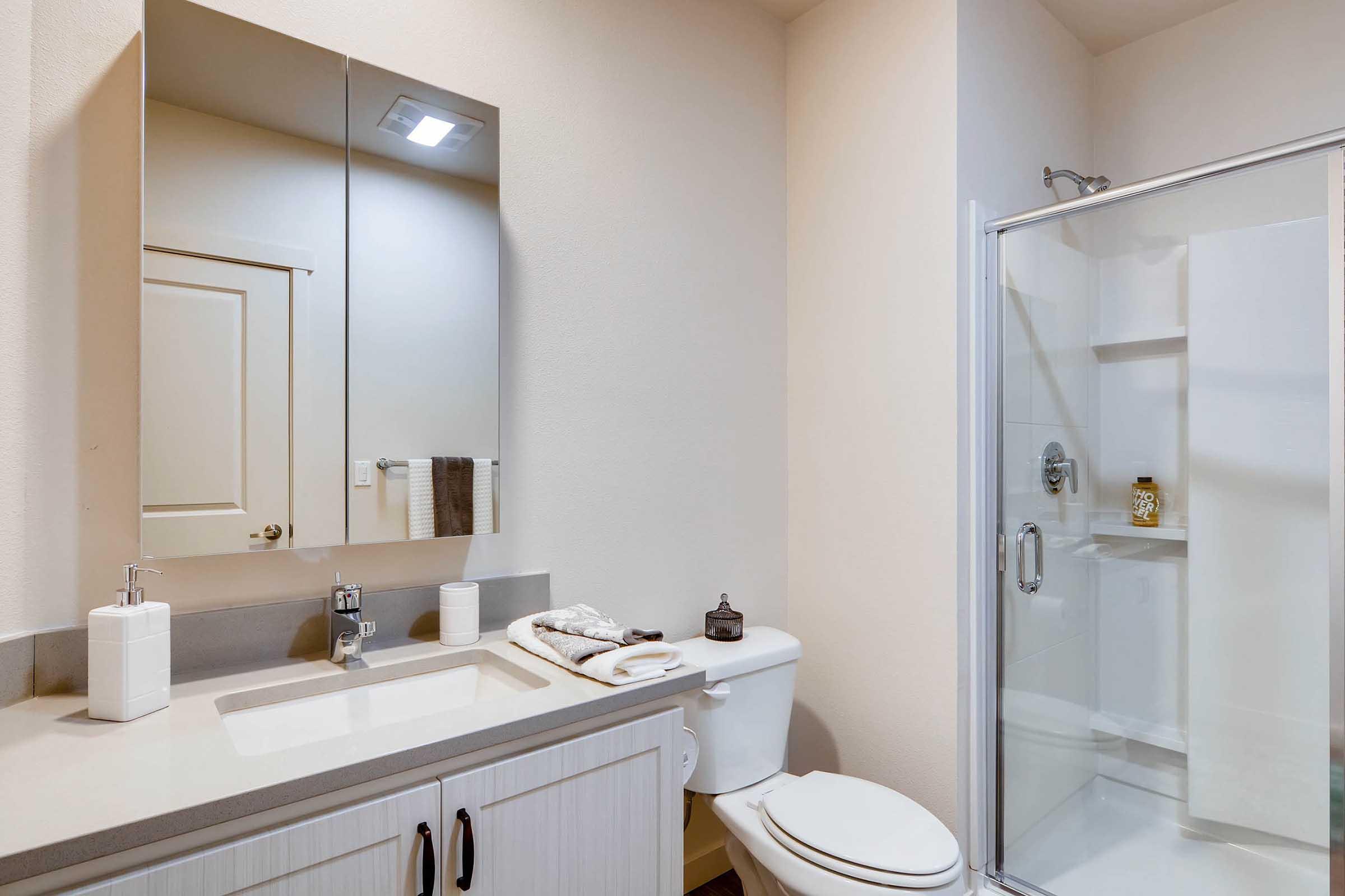 A modern bathroom featuring a clean design with a large mirror above a sleek countertop.