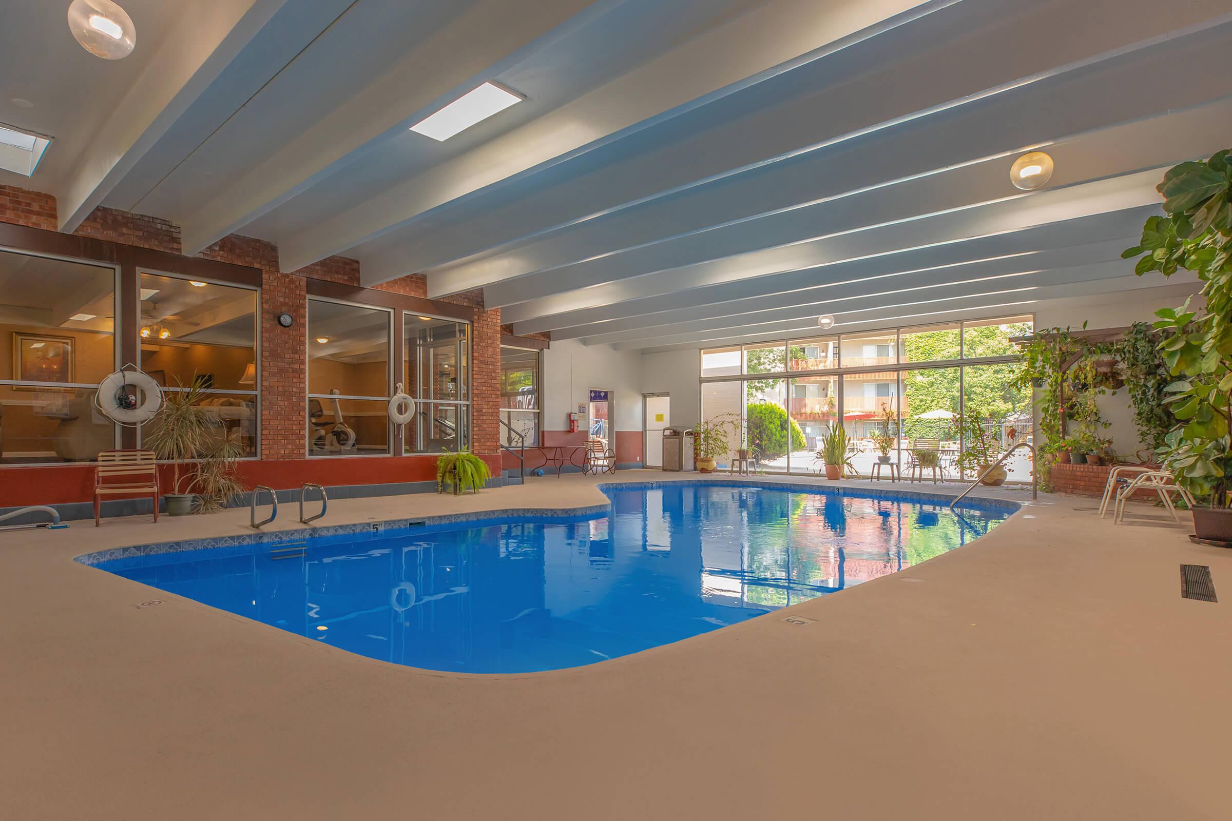 the indoor pool with green plants