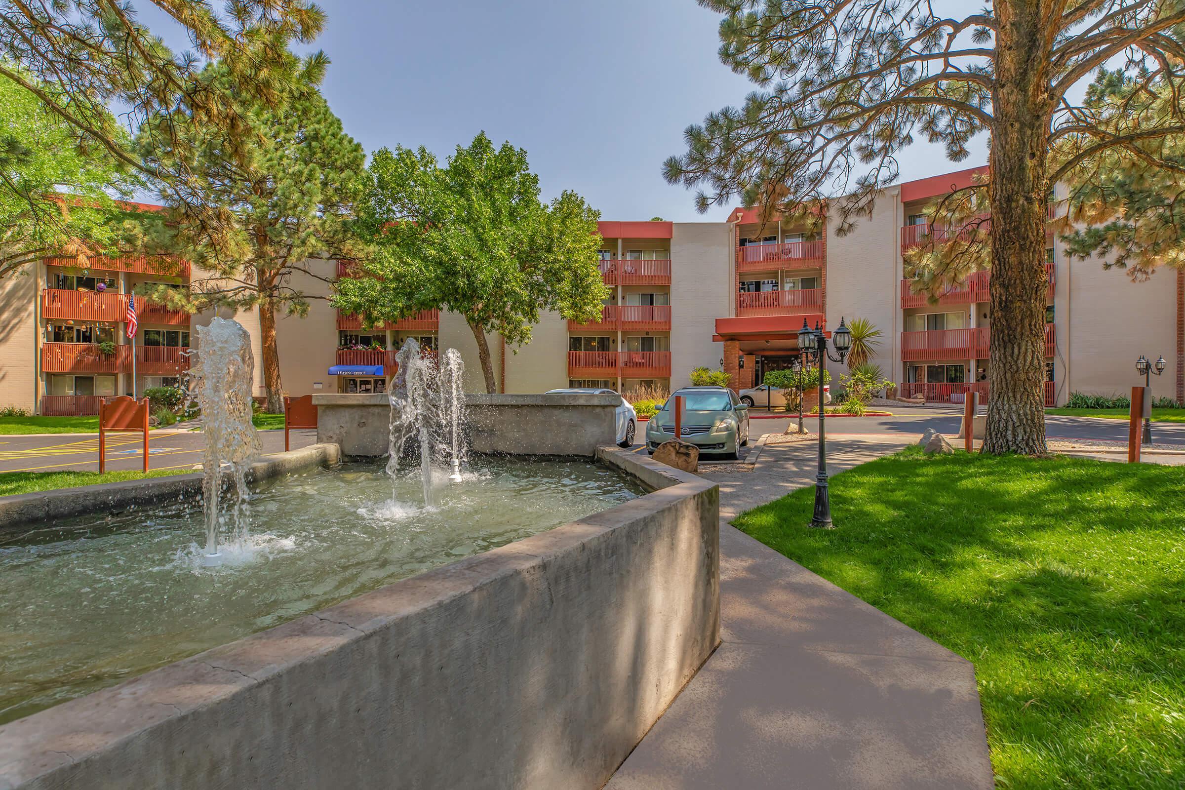 water feature in front of community buildings