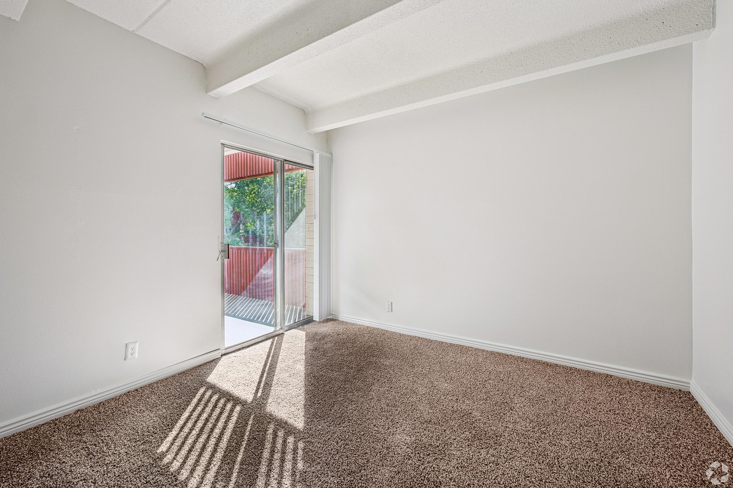 A bright, empty room featuring beige carpet flooring and white walls. Large sliding glass doors lead to an outdoor space, allowing natural light to filter in, creating shadow patterns on the carpet. The ceiling has exposed beams, adding architectural interest to the minimalist design.