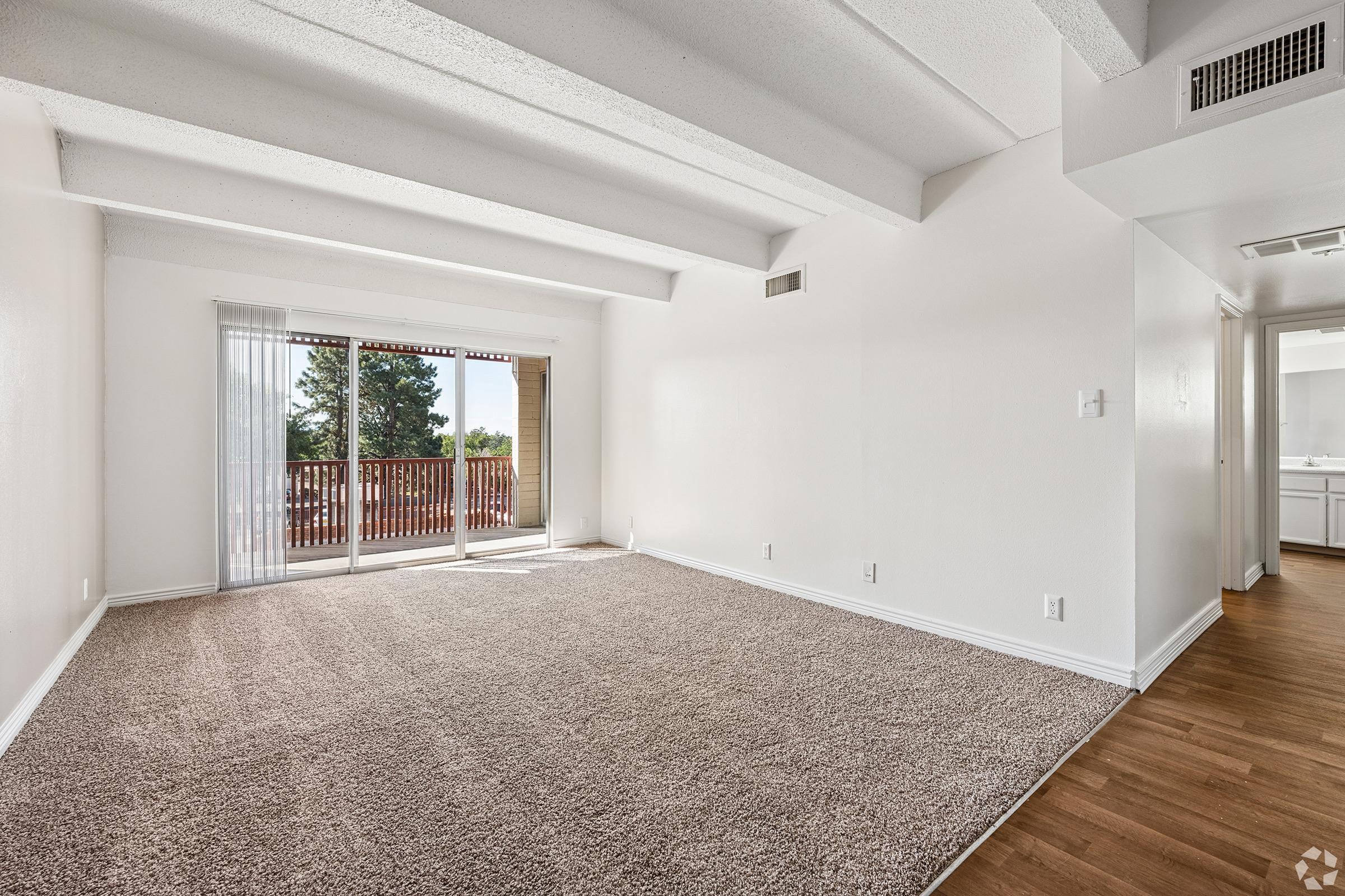 A spacious, empty living room featuring light-colored walls and a high, beamed ceiling. Large sliding glass doors provide access to a balcony with outdoor views. The floor is covered with plush carpeting, and there's a doorway leading to a bathroom area in the background. Natural light brightens the room.
