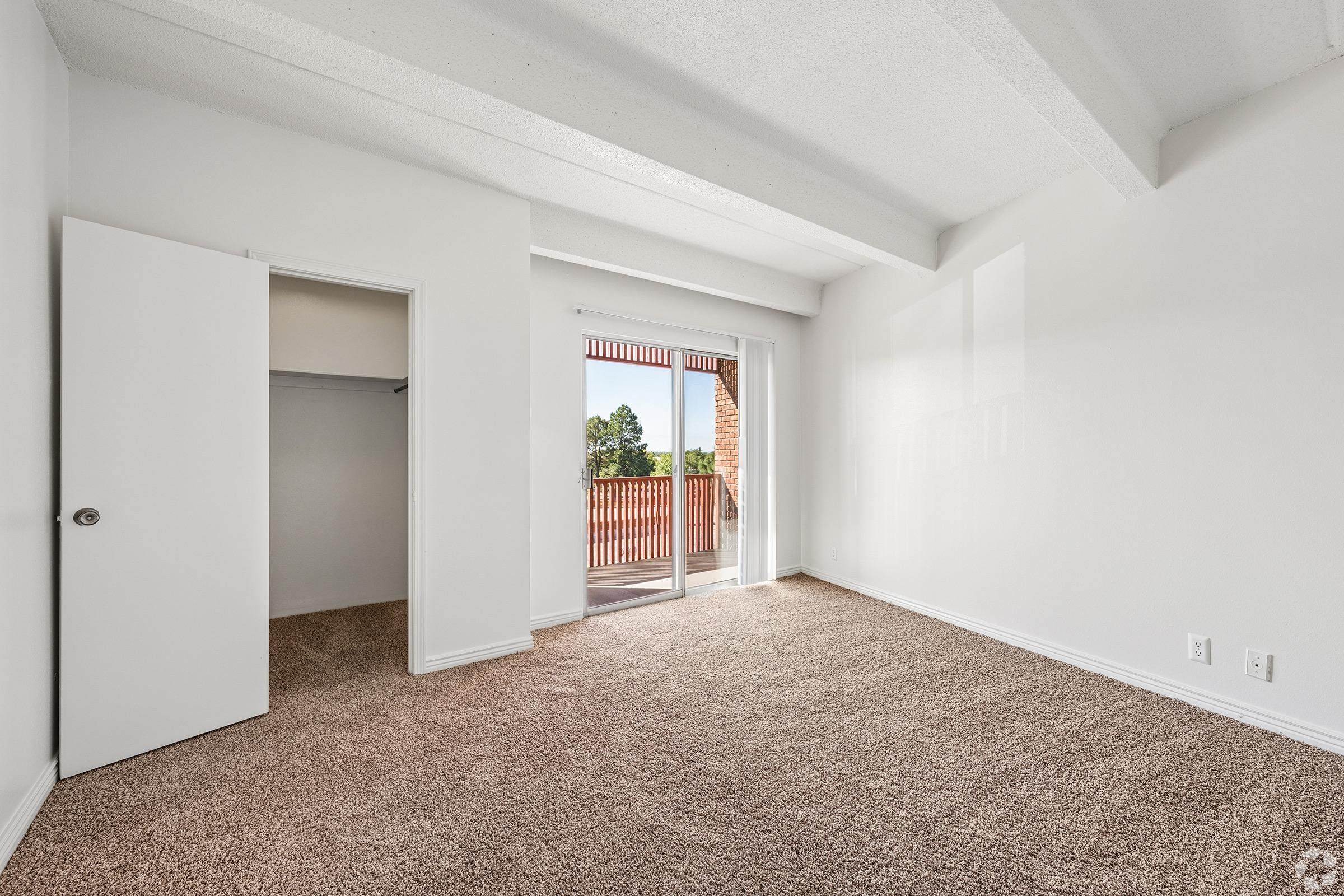 A bright, empty room featuring beige carpet, a sliding glass door leading to a balcony, and a door to a closet. The walls are painted white, and the ceiling has exposed beams, giving a spacious and airy feel to the space. Natural light floods in from the balcony.