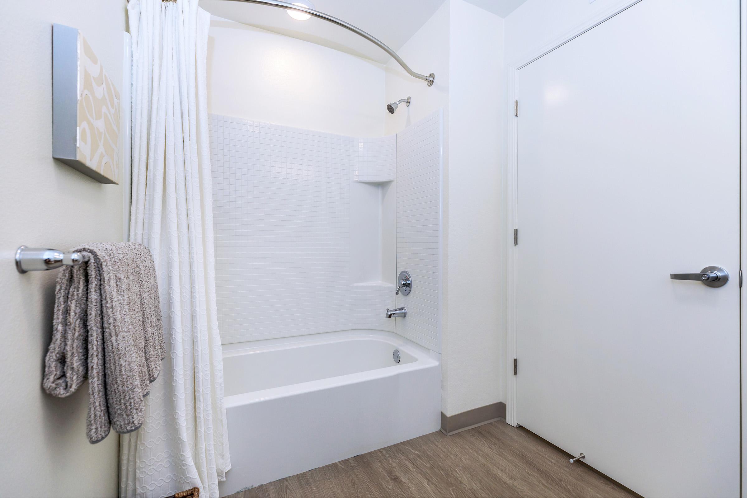 Daly City IL Apartments-Brunswick Street Bathroom with Well Lit and Spacious Vanity, Large Shower Area, and Plenty of Storage Space