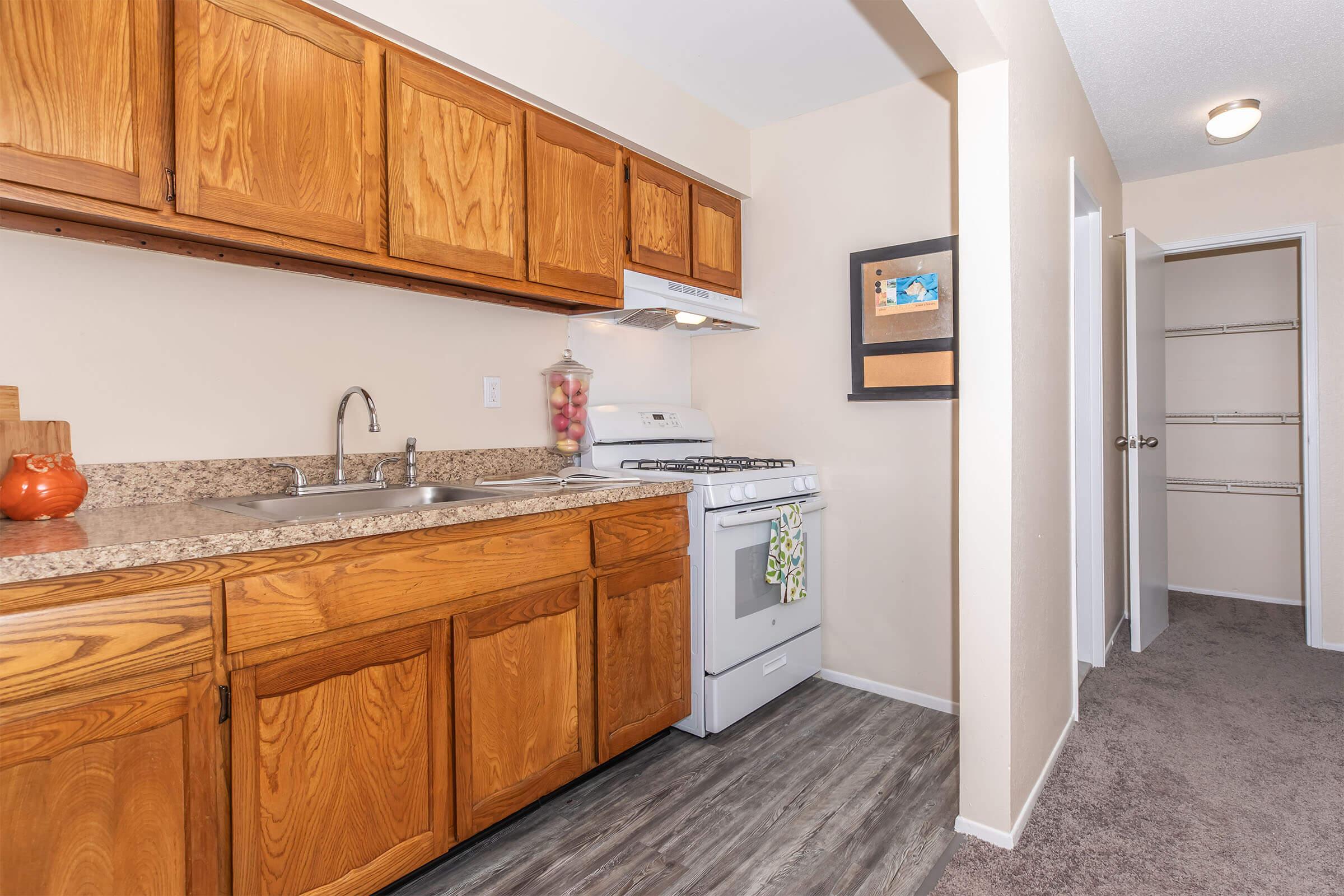 A view of a modern kitchen featuring wooden cabinets, a granite countertop, a stainless steel sink, and a white gas stove. To the right, there's a hallway leading to a closet, with a small framed picture on the wall. The flooring is a mix of light wood and carpet.