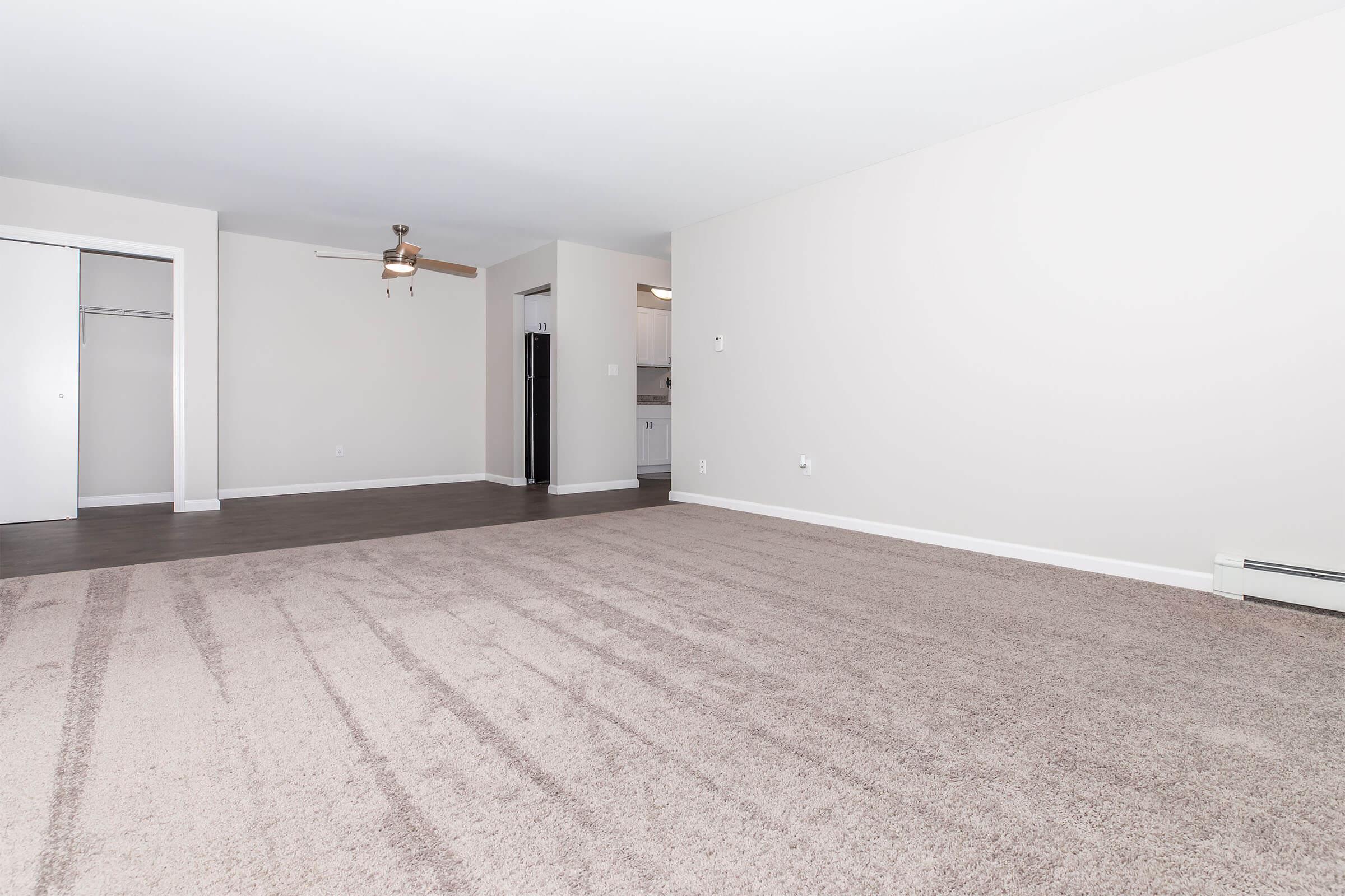 Spacious indoor living area featuring light-colored walls and plush, beige carpeting. A ceiling fan hangs from the ceiling, and a closet is visible on the left. In the background, a modern kitchen with a dark refrigerator can be seen. The room is well-lit, giving a bright and inviting atmosphere.