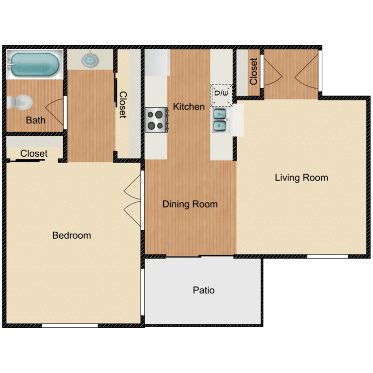 1 Bed 1 Bath, a 1 bedroom 1 bathroom floor plan.