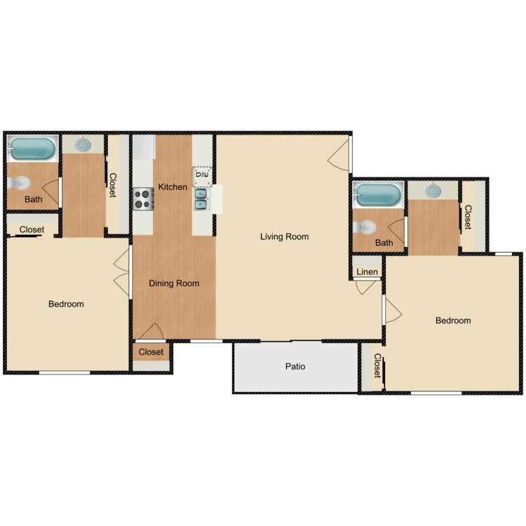 2 Bed 2 Bath, a 2 bedroom 2 bathroom floor plan.