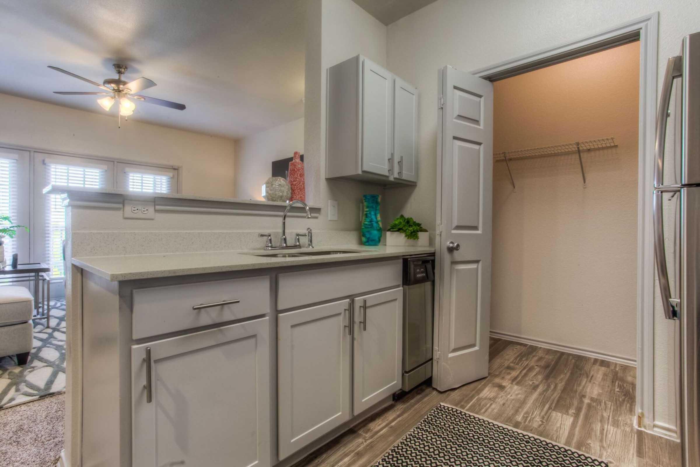 Modern kitchen with light gray cabinets, a countertop, a stainless steel refrigerator, and a closet in the background. The space is well-lit, featuring a ceiling fan and open layout that connects to a living area. A patterned rug adds texture to the floor, enhancing the inviting atmosphere.