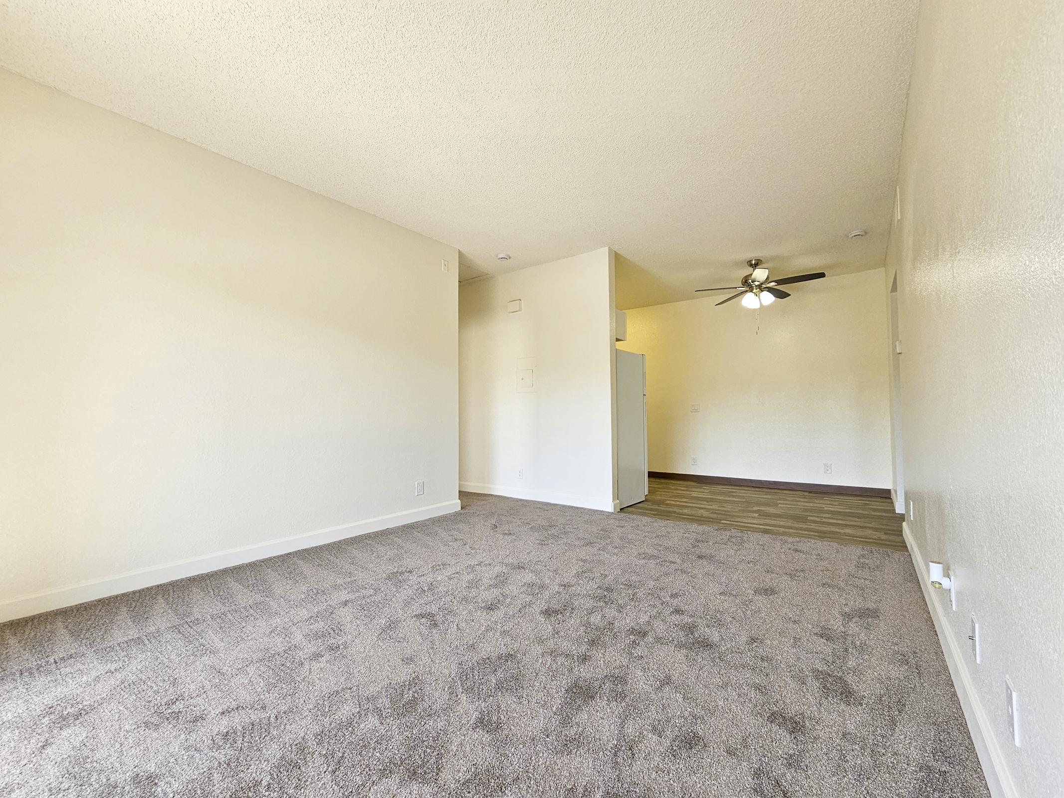 Empty light-filled living room with beige walls and plush carpet. A ceiling fan is visible in the corner, and a doorway leads to an adjoining space with a kitchen area. The overall atmosphere is spacious and inviting, suitable for new furnishings and decor.
