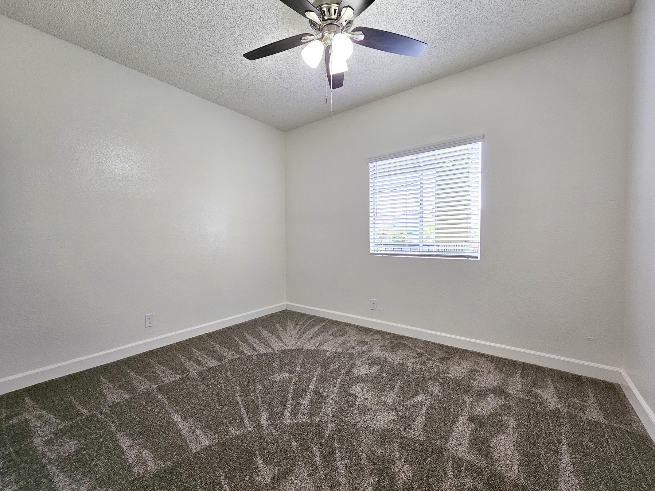 A vacant room featuring light-colored walls and a ceiling fan. The floor is covered with plush carpet, and a window with blinds allows natural light to enter, casting soft shadows on the carpet. The room appears bright and spacious, ideal for various uses such as a bedroom or office.