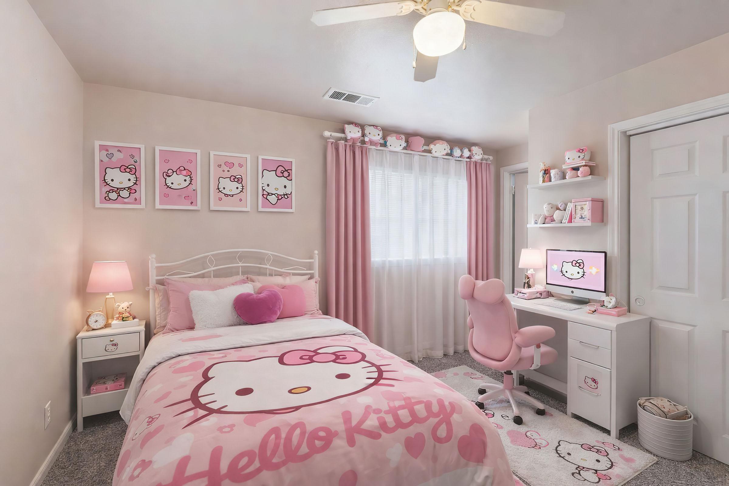A cozy bedroom decorated with a Hello Kitty theme. The room features a pink color scheme, a twin bed with a Hello Kitty comforter, pink curtains, framed Hello Kitty prints on the walls, a desk with a computer, and a comfy chair. Soft lighting adds a warm atmosphere to the space.
