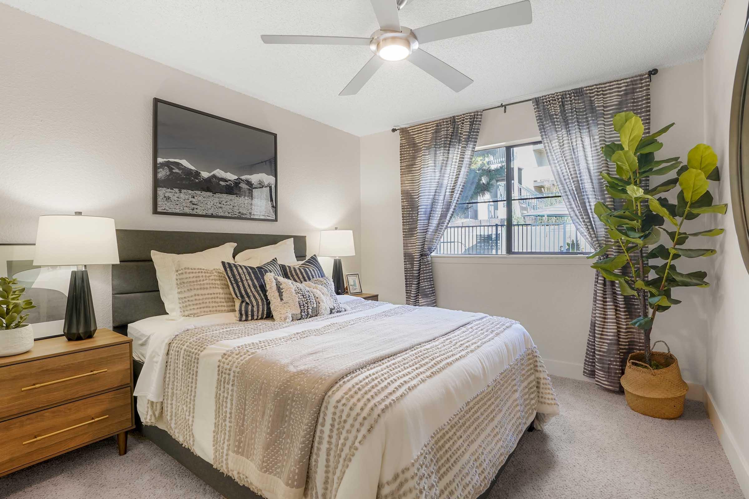Cozy bedroom with a queen-sized bed featuring layered blankets and decorative pillows. Two bedside tables with lamps are on either side. A large window behind the bed is adorned with patterned curtains, and a tall green plant adds a touch of nature to the space. A black and white photo hangs above the headboard.