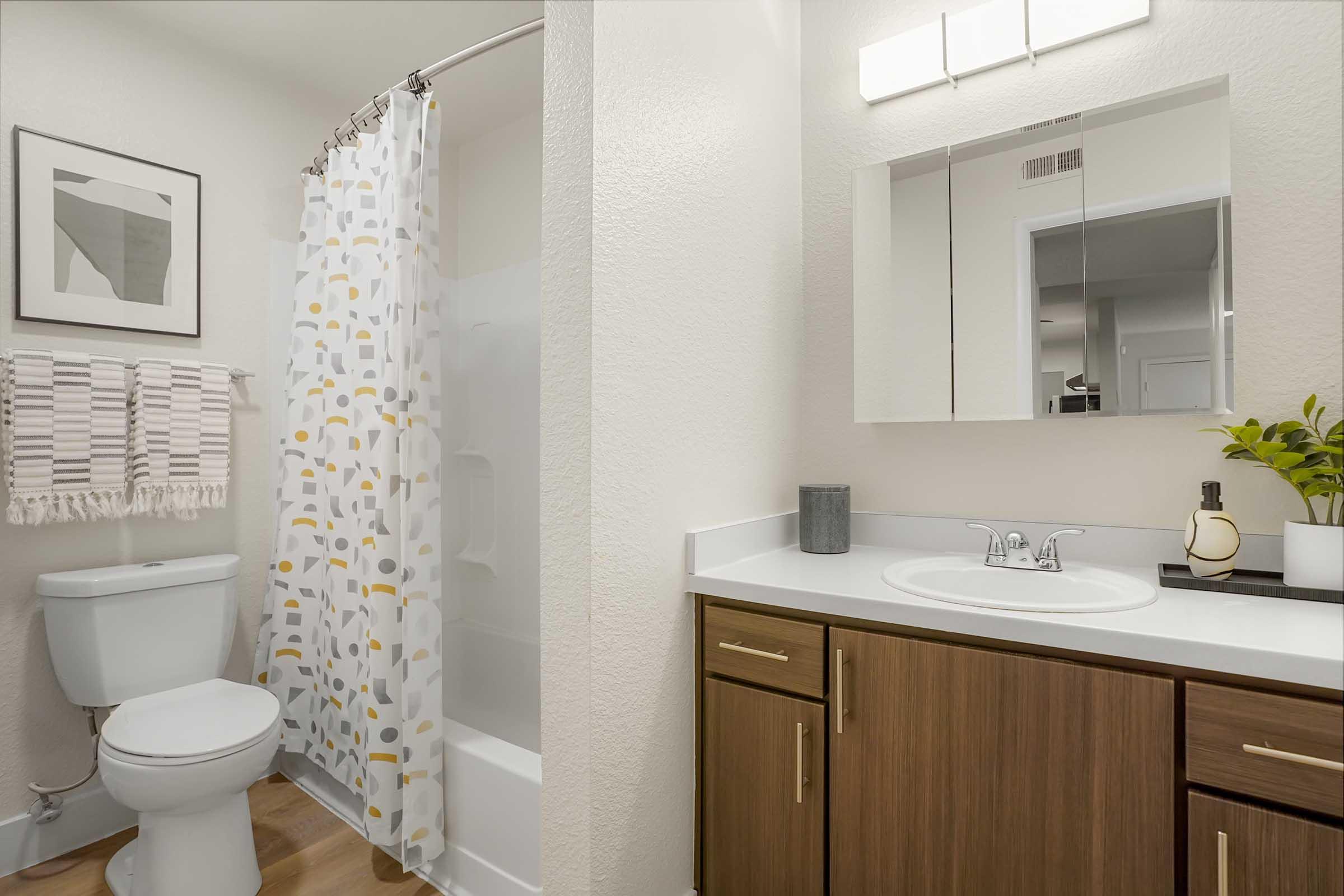 A modern bathroom featuring a white tub with a patterned shower curtain, a toilet, and a vanity with a sink. The vanity includes wooden cabinets and a mirror, while the walls are painted in a light color. Decorative elements include a plant and bathroom accessories.