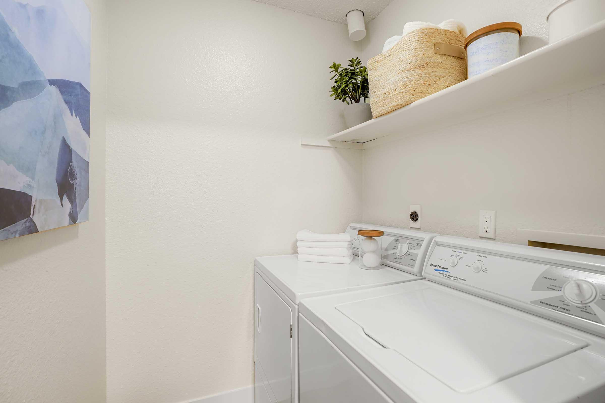 A clean laundry room featuring a washing machine, neatly stacked towels, and decorative storage baskets. A piece of wall art hangs on the left, and a small potted plant adds a touch of greenery to the space. The walls are painted in a light, neutral color, creating a bright and inviting atmosphere.