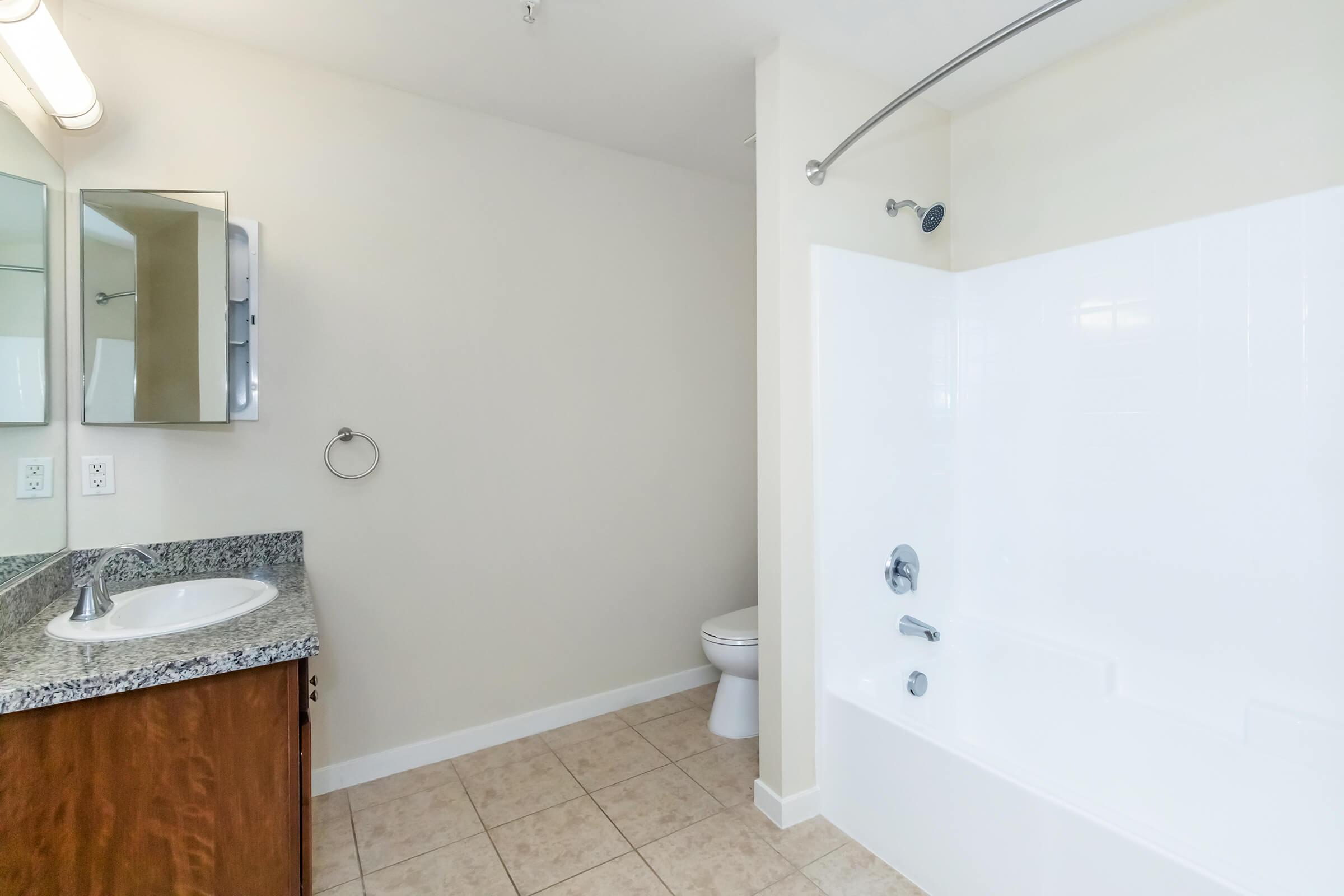 A clean and modern bathroom featuring a white bathtub with a shower, a granite sink countertop, a large mirror, and a toilet. The walls are painted a light color, and the flooring consists of beige tiles, creating a bright and spacious feel.