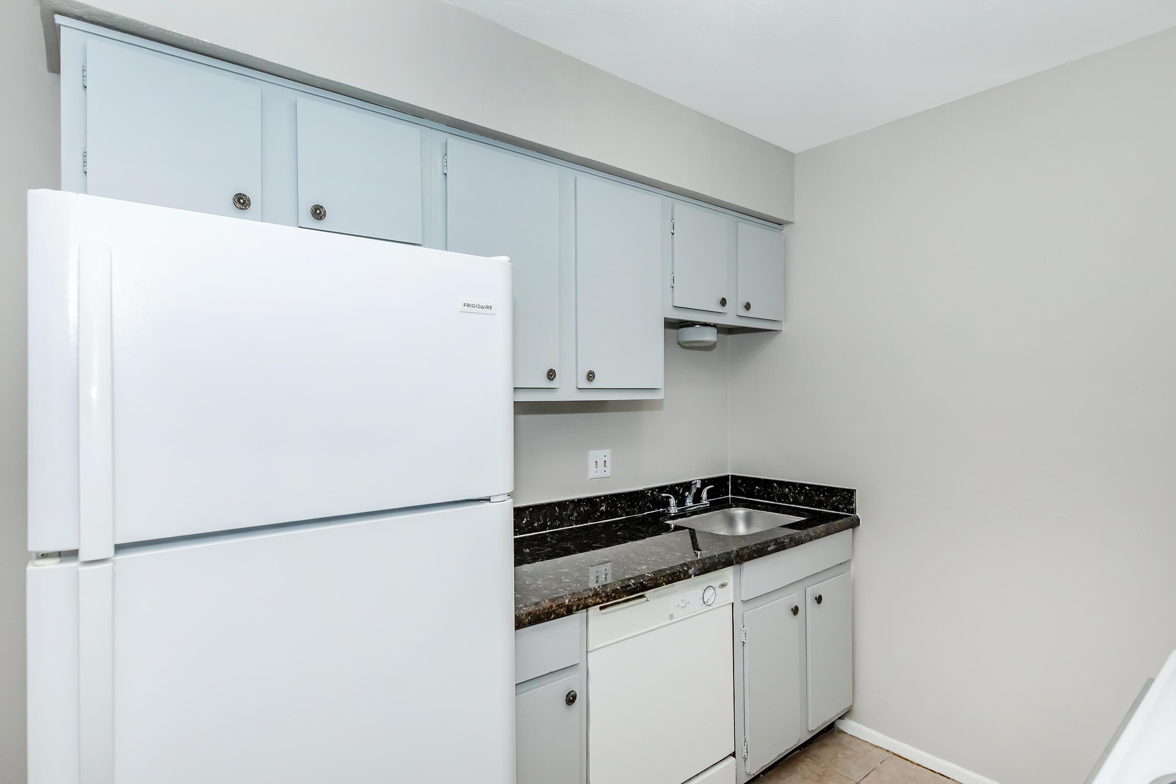 A small kitchen featuring light blue cabinets, a white refrigerator, a stainless steel sink with a single faucet, and a dishwasher. The countertops are dark granite, and the walls are painted a neutral gray. The space appears clean and well-organized.