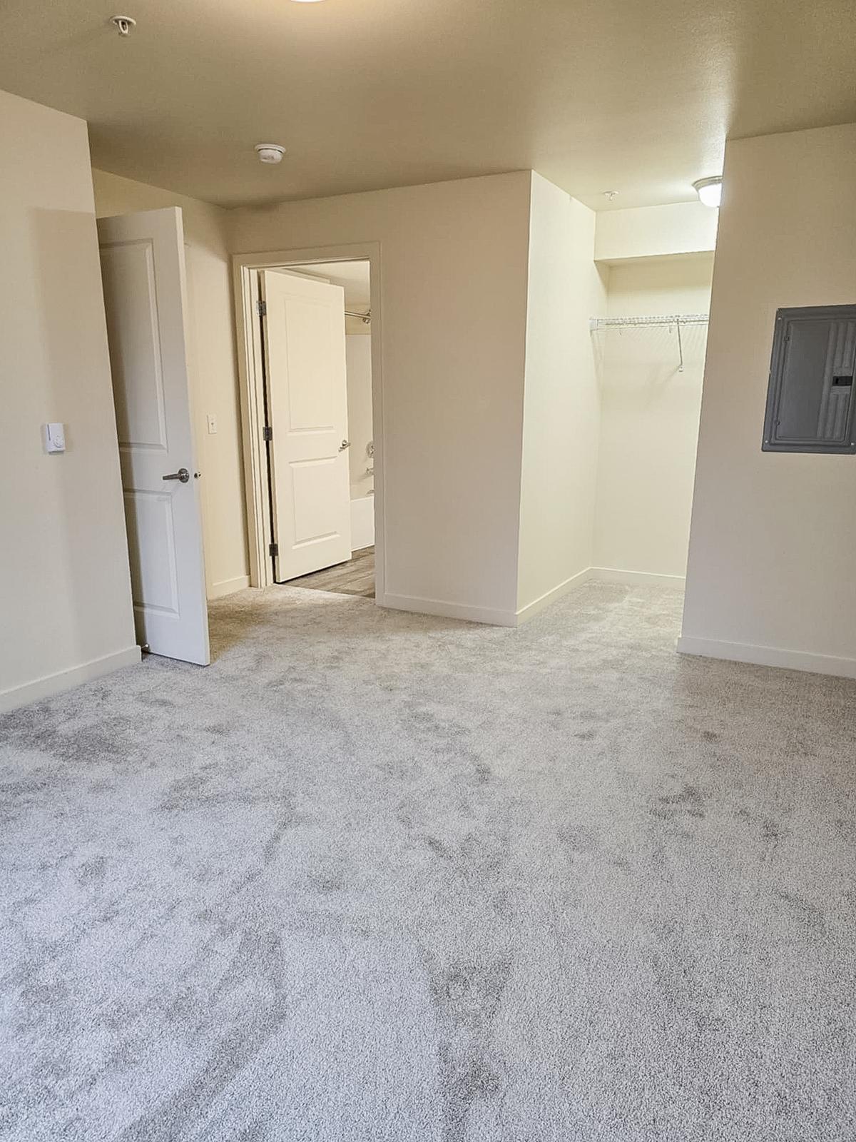 A spacious, modern room with light-colored walls and plush carpet. A doorway leads to a closet space, while another door opens to a bathroom. The room is well-lit, featuring a ceiling light, and has a neutral aesthetic.