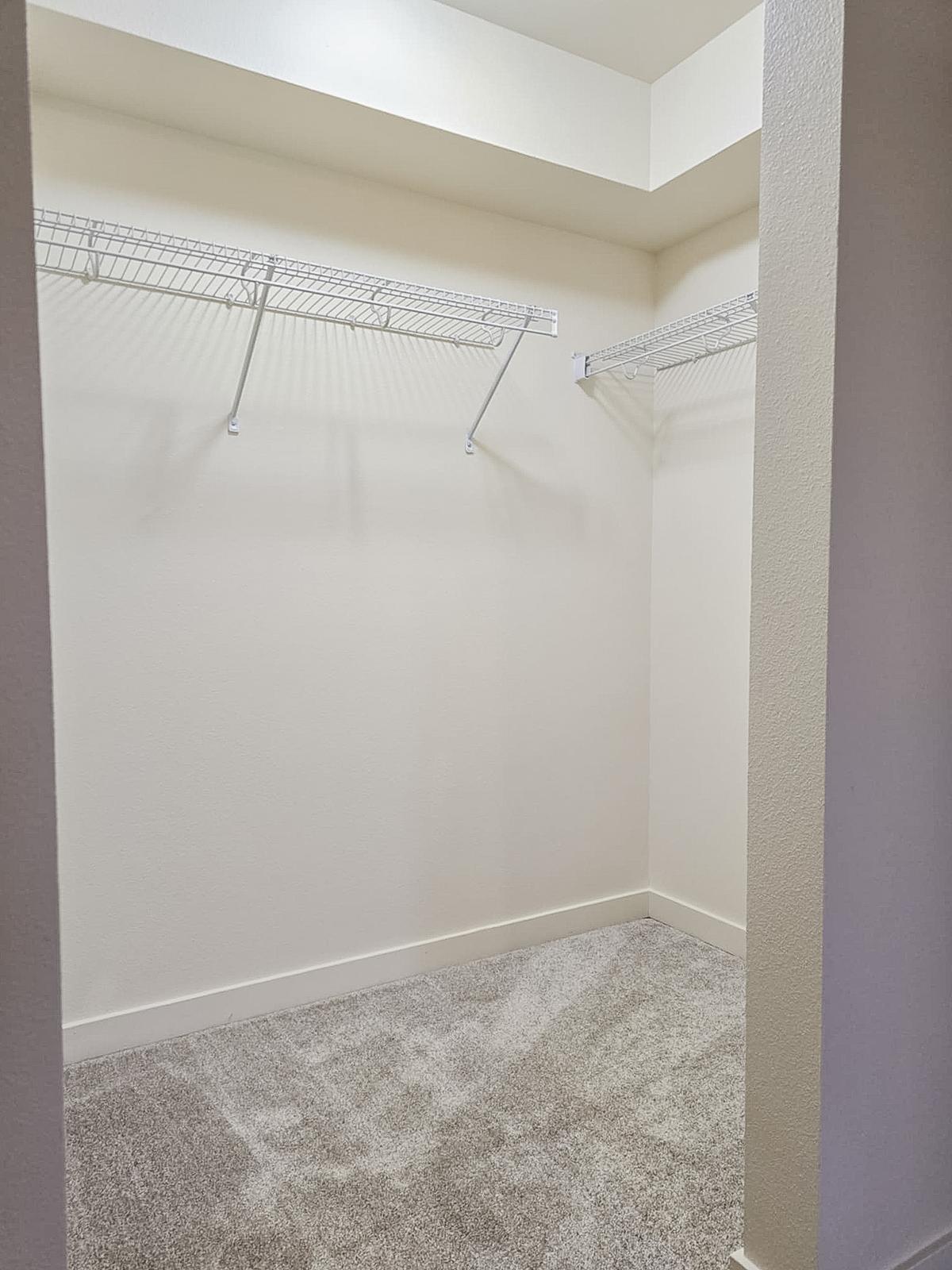 Empty closet featuring pale walls and two metal wire shelves. The floor is covered with plush, light-colored carpet, creating a clean and spacious appearance. The closet has a simple, minimalist design without any items or decorations inside.
