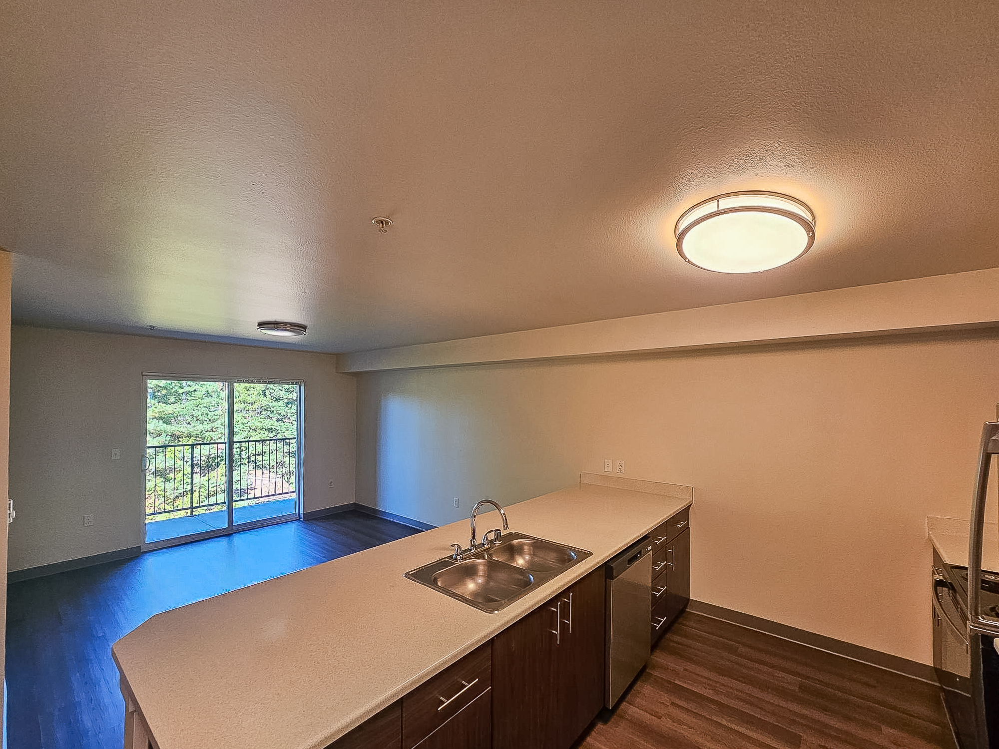 Spacious kitchen and living area with modern finishes. Features a large island with a double sink, dark cabinets, and stainless steel appliances. Bright natural light streams in through a sliding glass door that opens to a balcony with a view of greenery outside.