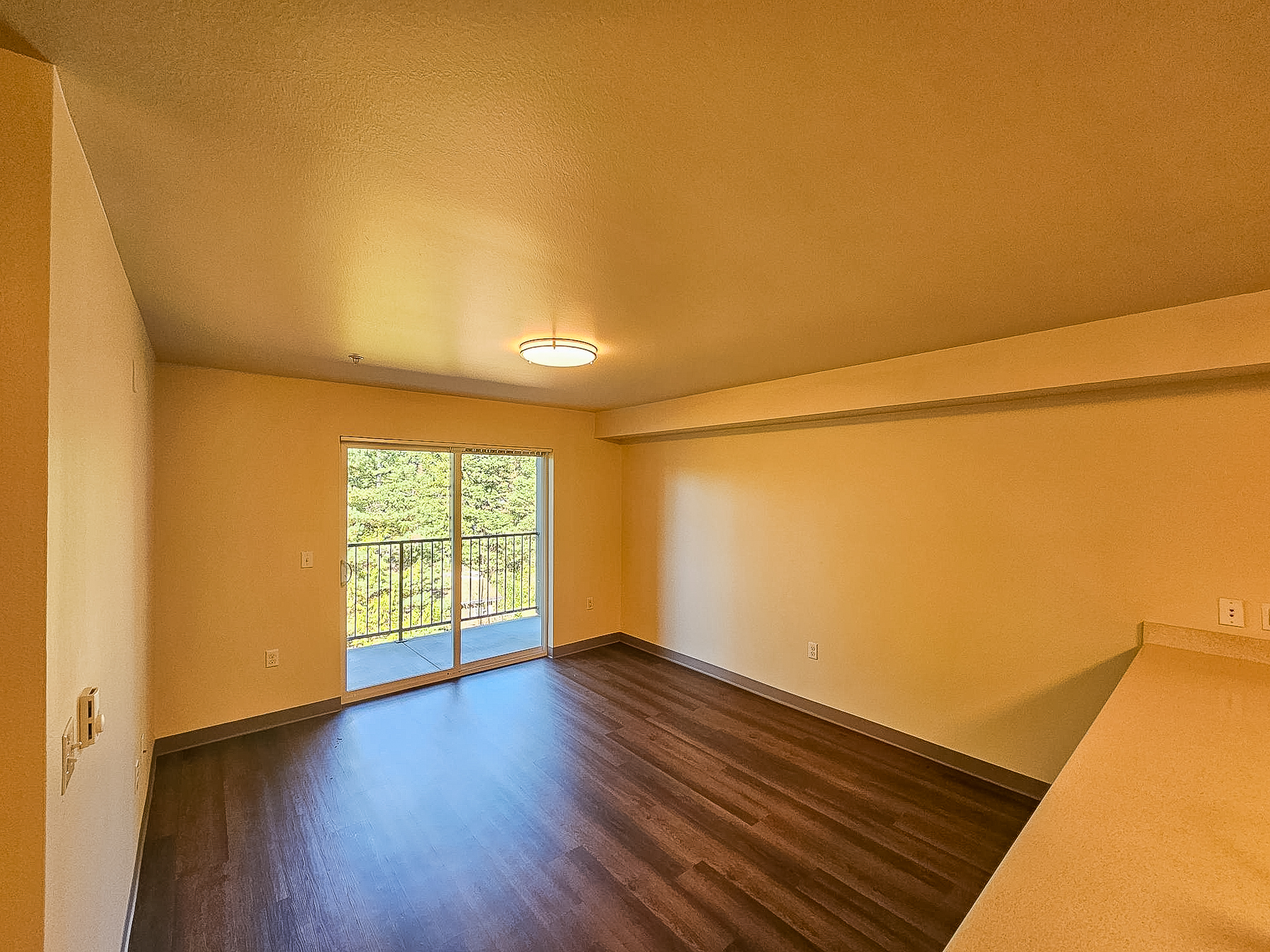 A spacious and empty living room with light-colored walls and dark wood floors. A large sliding door leads to a balcony, allowing natural light to enter. The ceiling features a modern light fixture, and there is ample wall space for furniture arrangement.