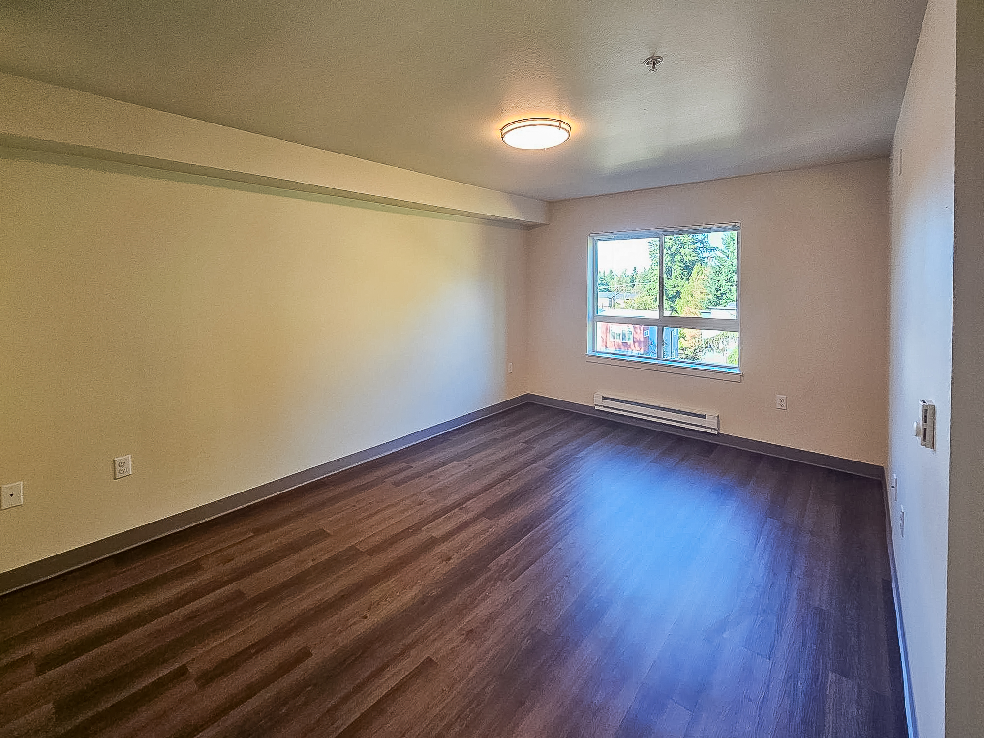 Spacious, empty room with hardwood-style flooring, a large window letting in natural light, and neutral-colored walls. A ceiling light fixture is visible, and the room features a baseboard heater along one wall. Ideal for various interior design possibilities.