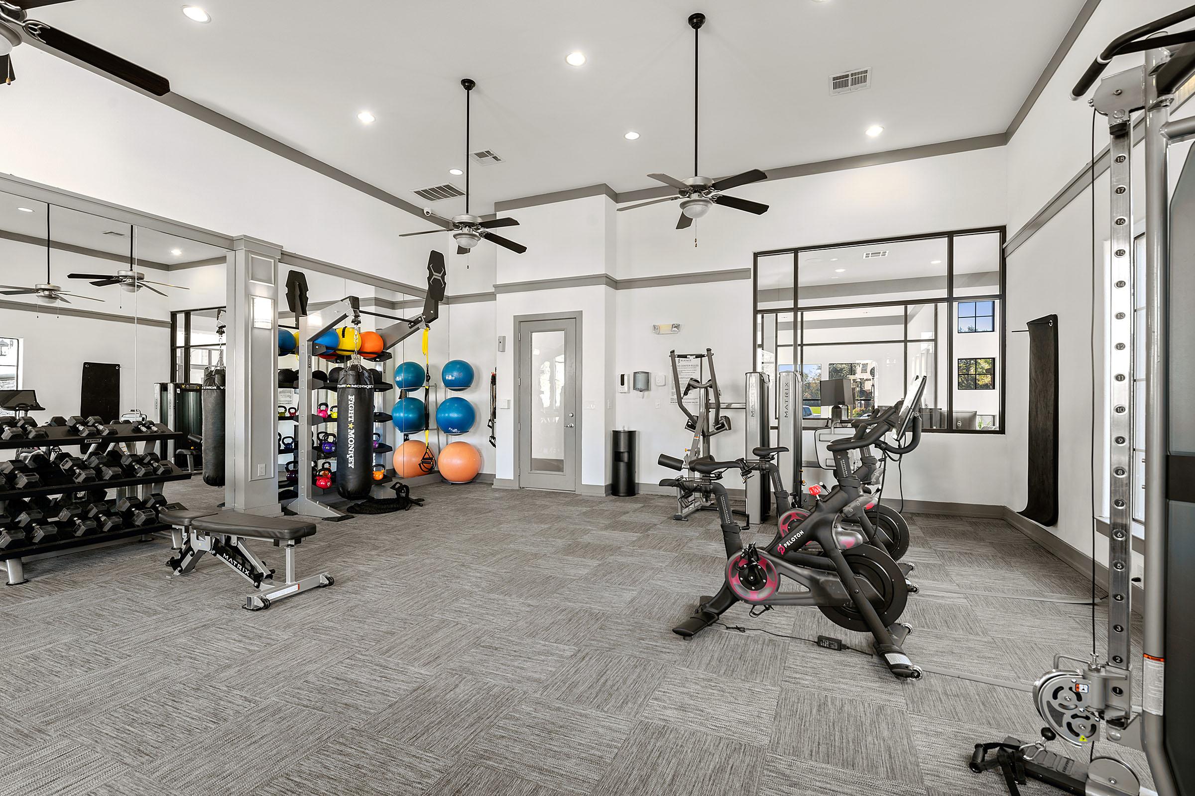 A modern gym interior featuring exercise equipment including weight machines, dumbbells, stationary bikes, and resistance balls. The space is well-lit with ceiling fans and mirrors on the walls, providing a spacious and inviting atmosphere for workouts.