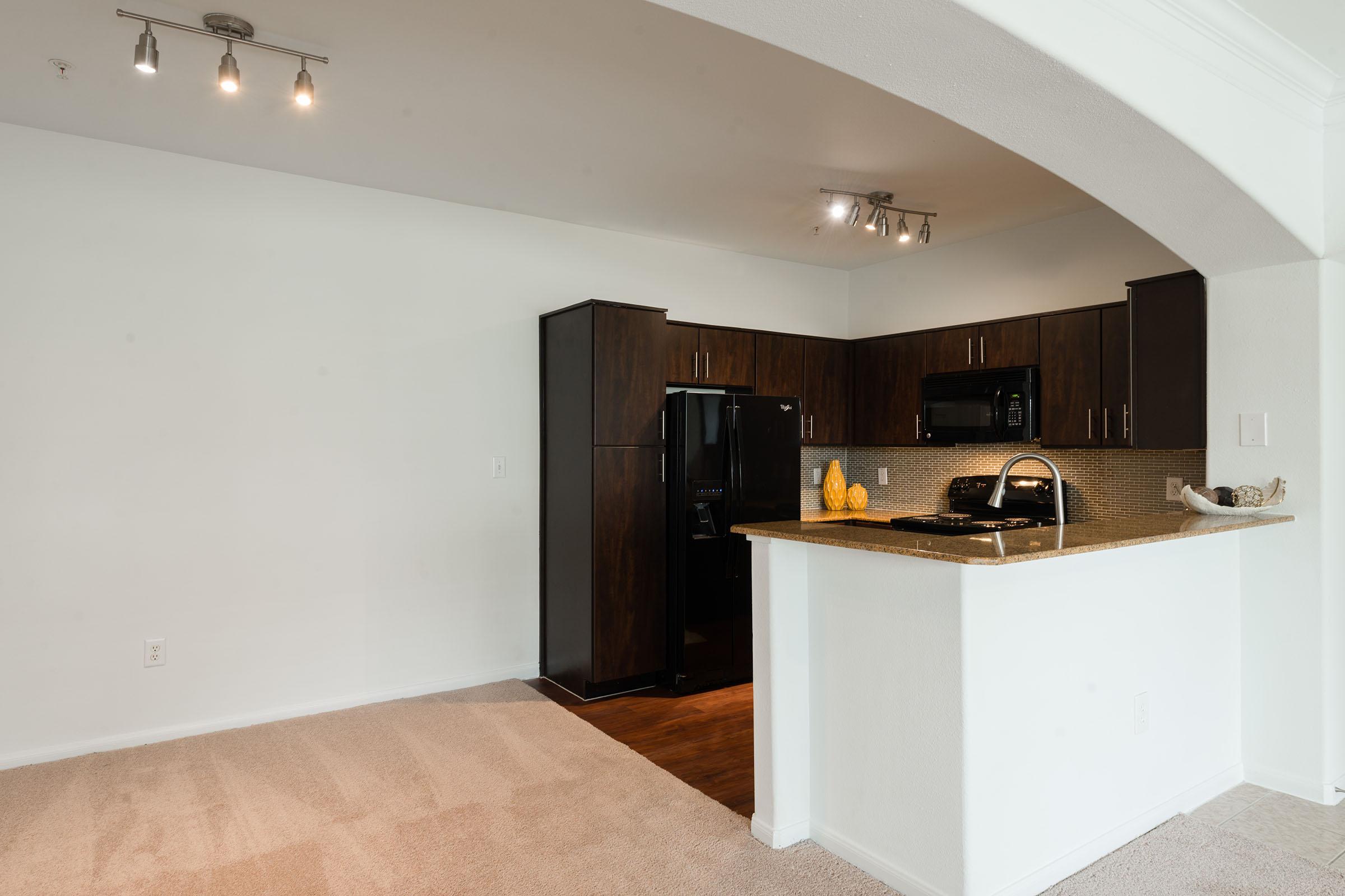 Interior view of a modern kitchen with dark cabinetry, stainless steel appliances including a refrigerator and microwave, and a granite countertop. A light fixture hangs above the kitchen area, and there is beige carpet on the floor. The walls are painted a soft white, creating a bright and open atmosphere.