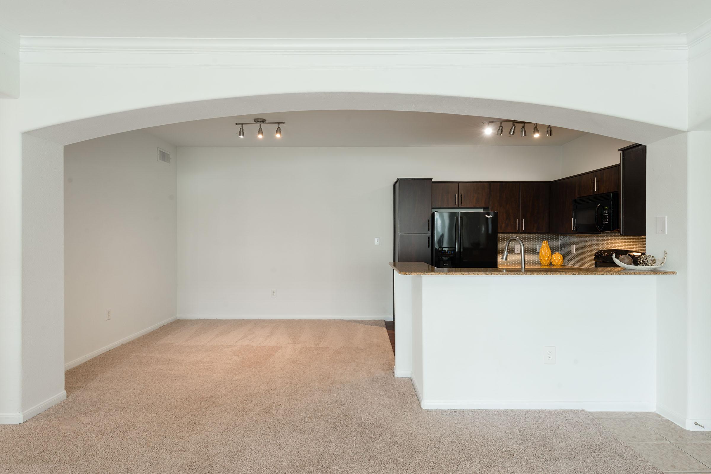 A spacious open-concept living area featuring beige carpet flooring, an arched entrance leading to a modern kitchen with dark wood cabinets and black appliances. The kitchen island has a granite countertop and a decorative bowl with fruit. The walls are painted in a light, neutral color, enhancing the bright atmosphere.