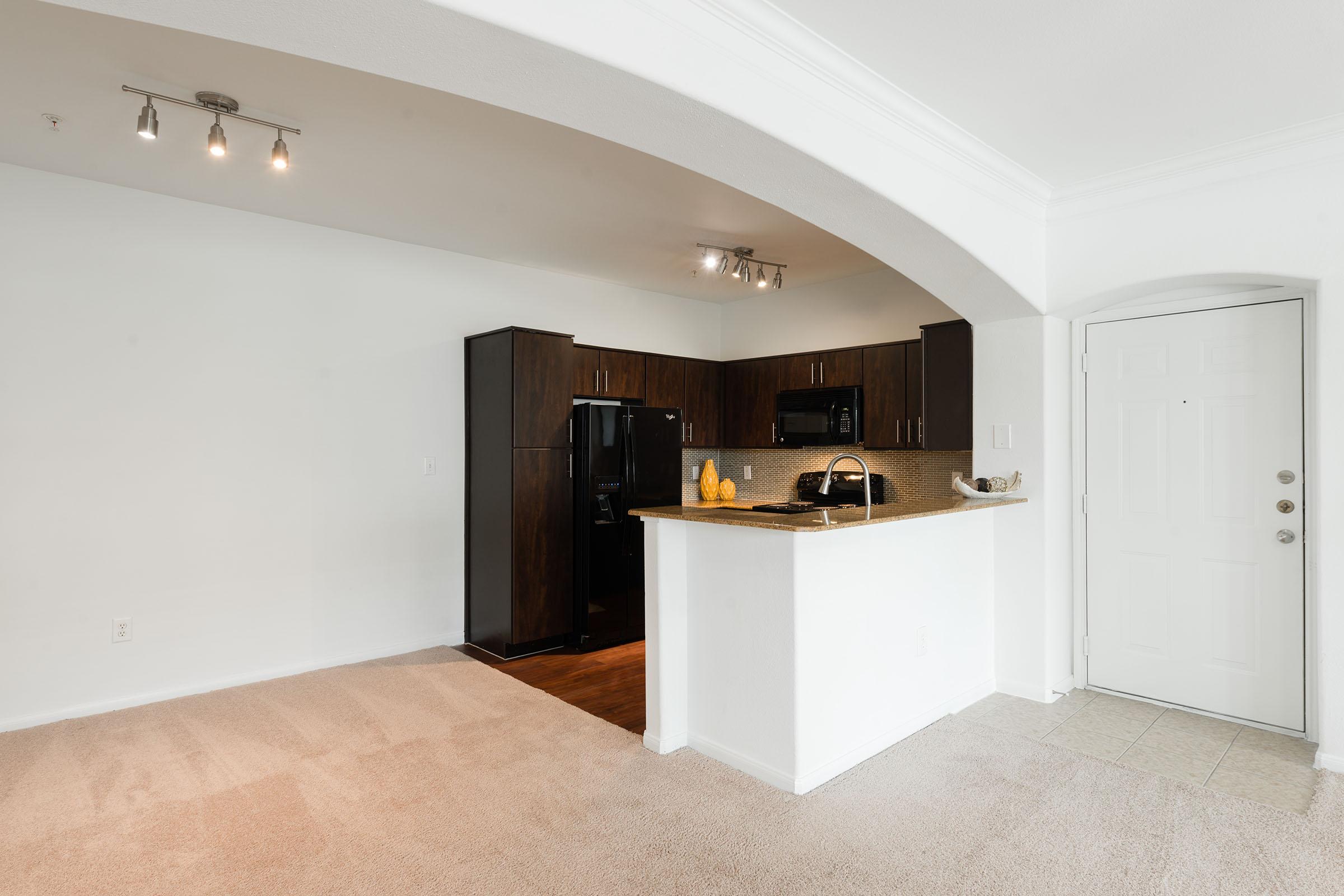 A spacious apartment interior featuring an arched entryway. The kitchen area includes dark wooden cabinets, a black refrigerator, and a countertop with decorative items. A light-colored carpet covers the living area floor, and the room is well-lit with track lighting. The main entrance is visible to the right.