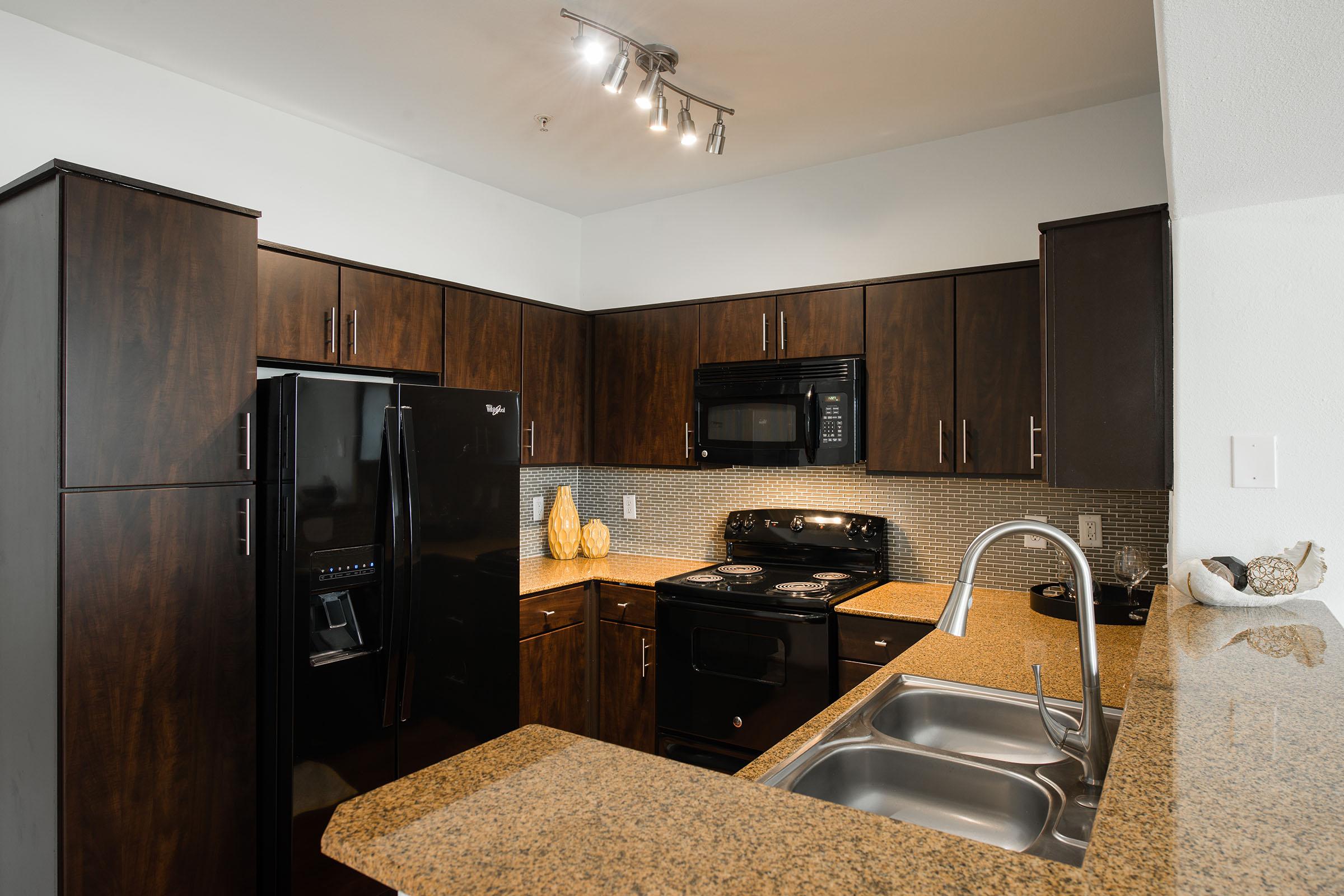 A modern kitchen featuring dark wood cabinetry, a black refrigerator, a microwave, and an oven. The countertop is made of granite, and there are decorative items displayed. The kitchen is well-lit with track lighting and has a double sink.