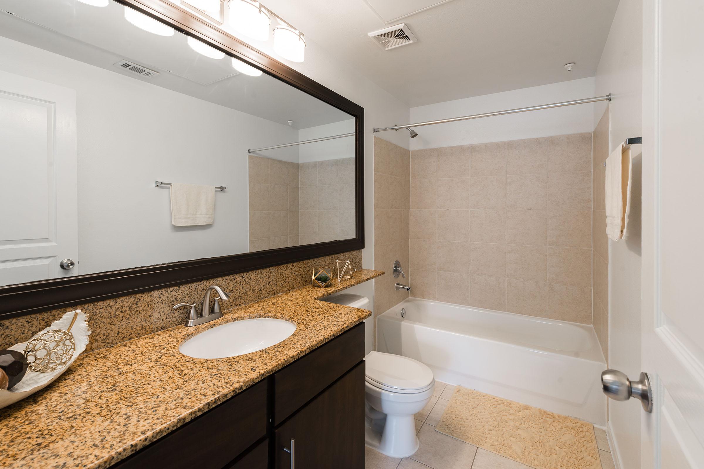 A modern bathroom featuring a double sink with a granite countertop, a large mirror above, a white toilet, and a bathtub with a beige tiled wall. Soft lighting is provided by overhead fixtures, and there's a white towel hanging on a rack. A decorative piece rests on the counter.