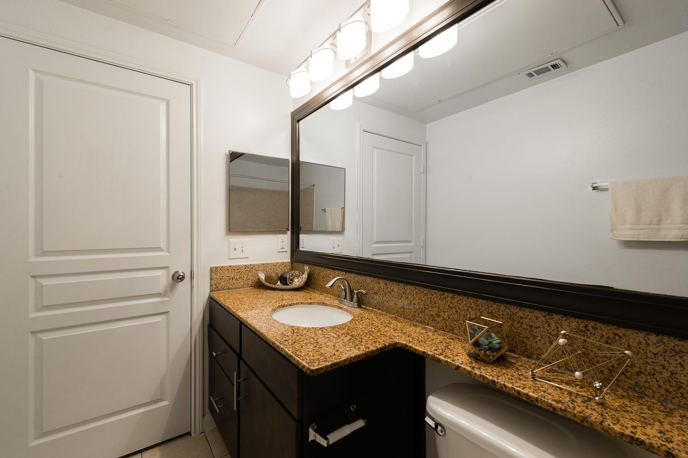 A modern bathroom featuring a granite countertop with a round sink, a large mirror above it, and a light fixture with four bulbs. The cabinetry is dark wood with multiple drawers. A white door leads to another room, and a towel hangs on the wall beside the mirror.