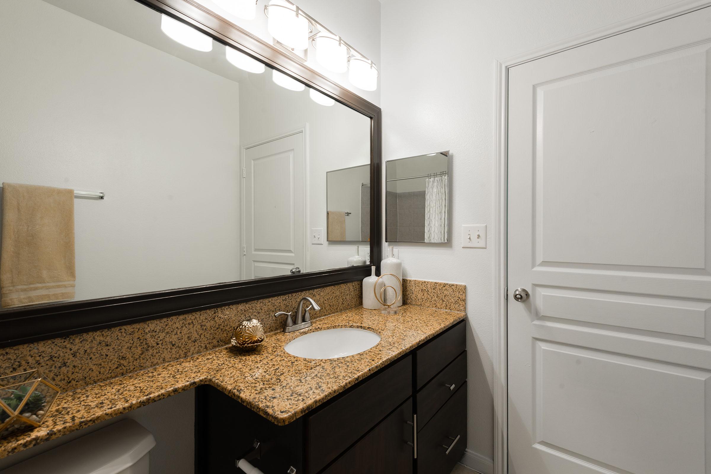 A modern bathroom featuring a granite countertop with a sink and decorative items. Above the sink, a large mirror is framed by stylish lighting fixtures. A towel hangs on a bar to the left, and a white door is visible on the right, adding to the sleek design. The overall color scheme is neutral and contemporary.