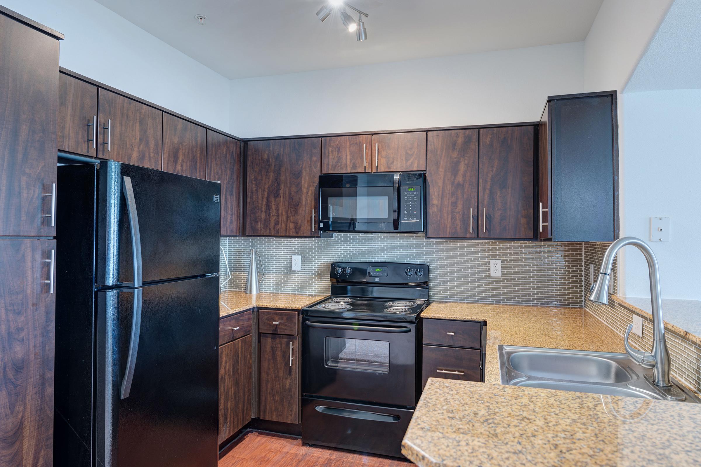 Modern kitchen featuring dark wooden cabinets, a black refrigerator, and a black stove with a microwave above. A stainless steel sink is visible, along with a granite countertop. The backsplash has a tile design that complements the overall aesthetic. Ample lighting is provided by spotlights on the ceiling.