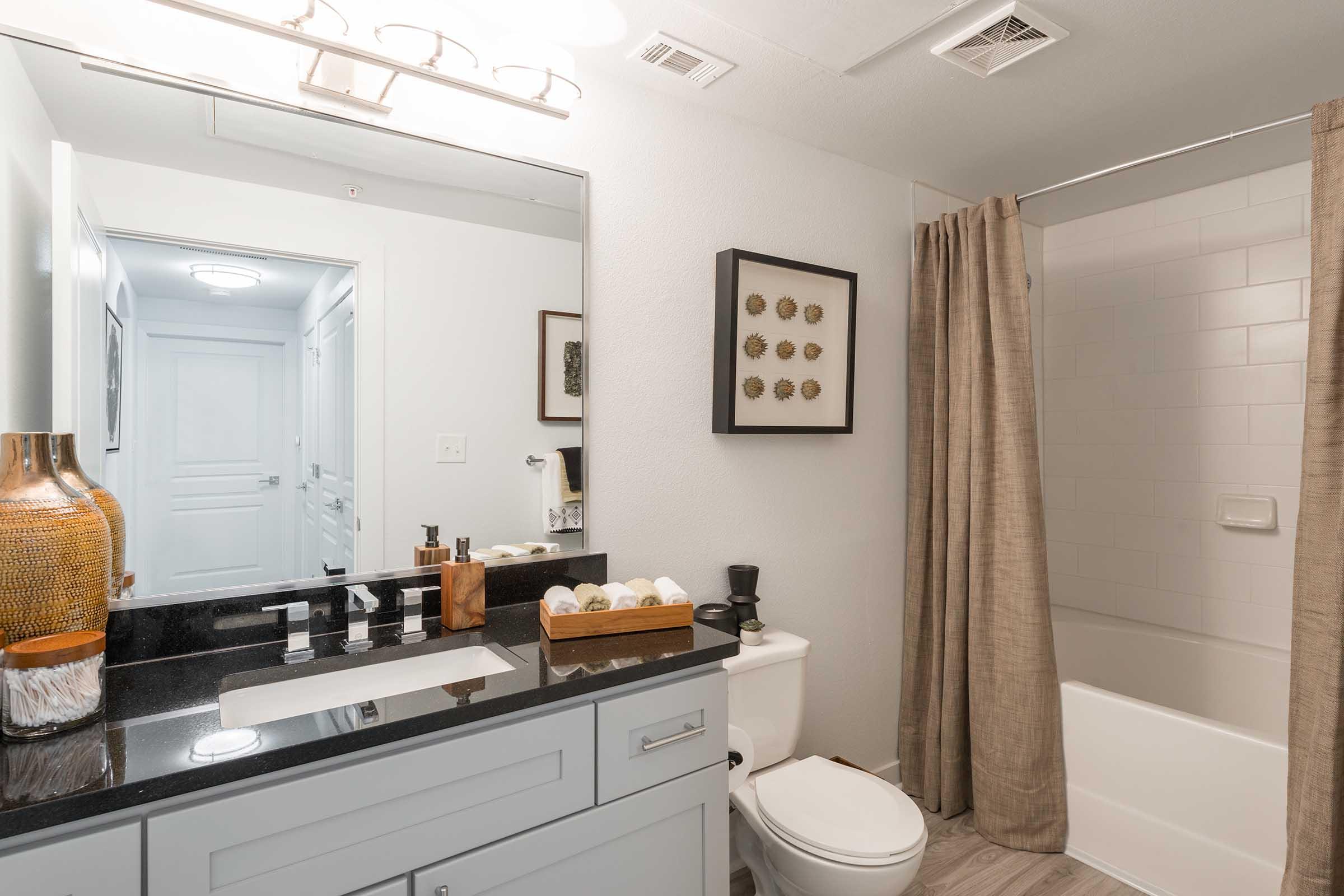 A modern bathroom featuring a granite countertop with a sink, a large mirror above, a decorative vase, and accessories. A bathtub with a shower curtain is visible, along with light-colored walls and flooring, and a doorway leading to another room.